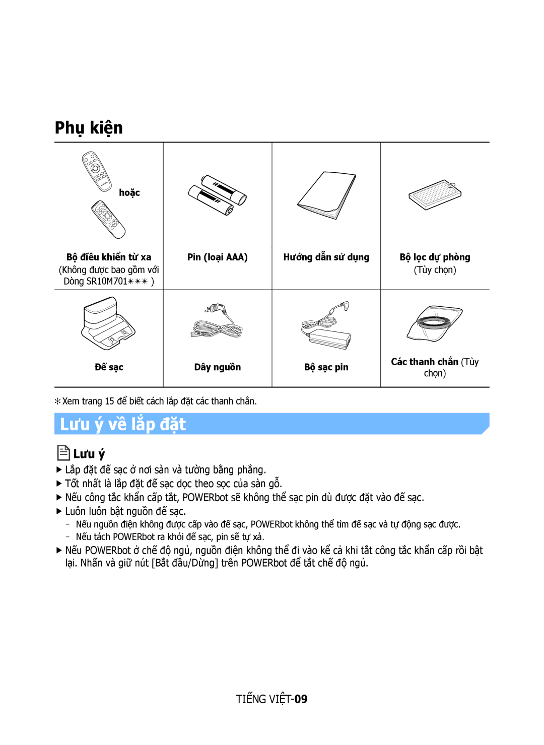 Samsung VR10M7020UW/TW manual Lưu ý về lắp đặt, Hoặc Bộ điều khiển từ xa, Pin loại AAA Hướng dẫn sử dụng Bộ lọc dự phòng 