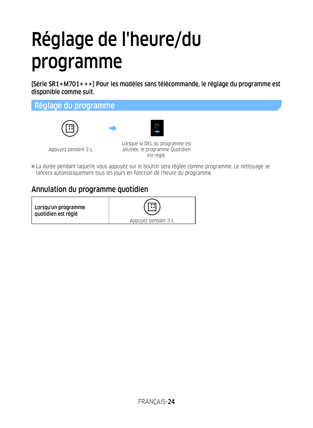 Samsung VR20M707WWS/AG manual Annulation du programme quotidien, FRANÇAIS-24, Lorsquun programme quotidien est réglé 