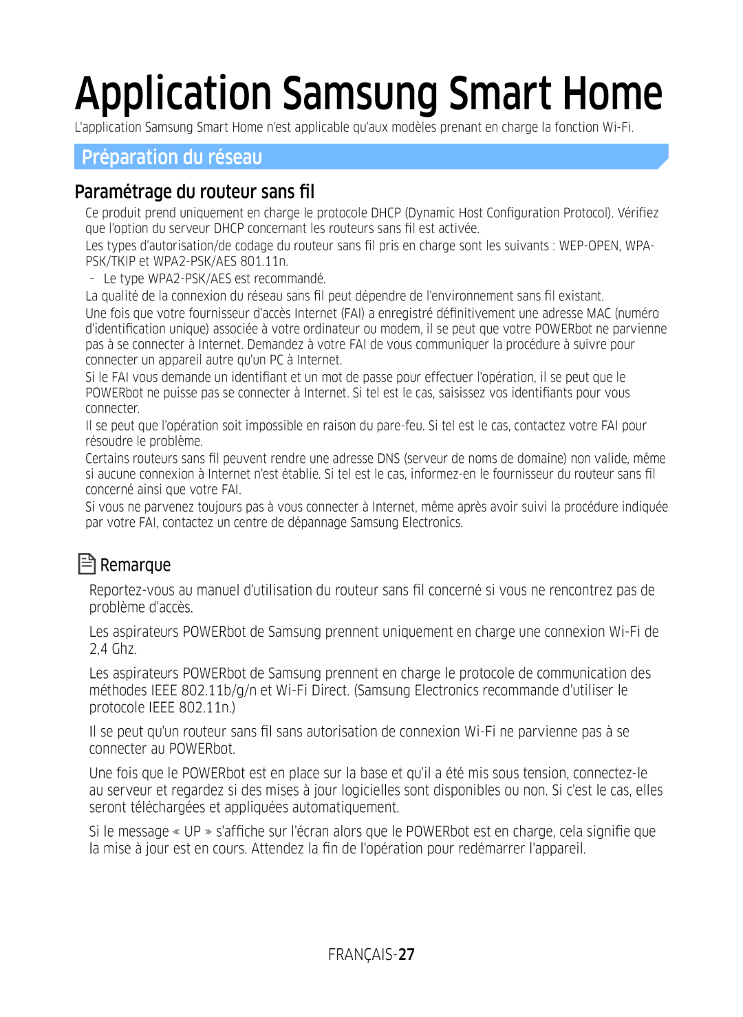 Samsung VR10M7019UW/SW, VR10M7039WG/SW, VR10M701WUW/AG Préparation du réseau, Paramétrage du routeur sans fil, FRANÇAIS-27 