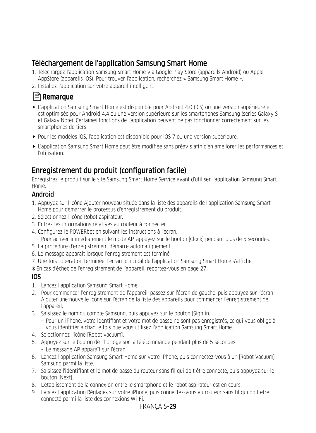 Samsung VR20M707WWS/AG Téléchargement de lapplication Samsung Smart Home, Enregistrement du produit configuration facile 