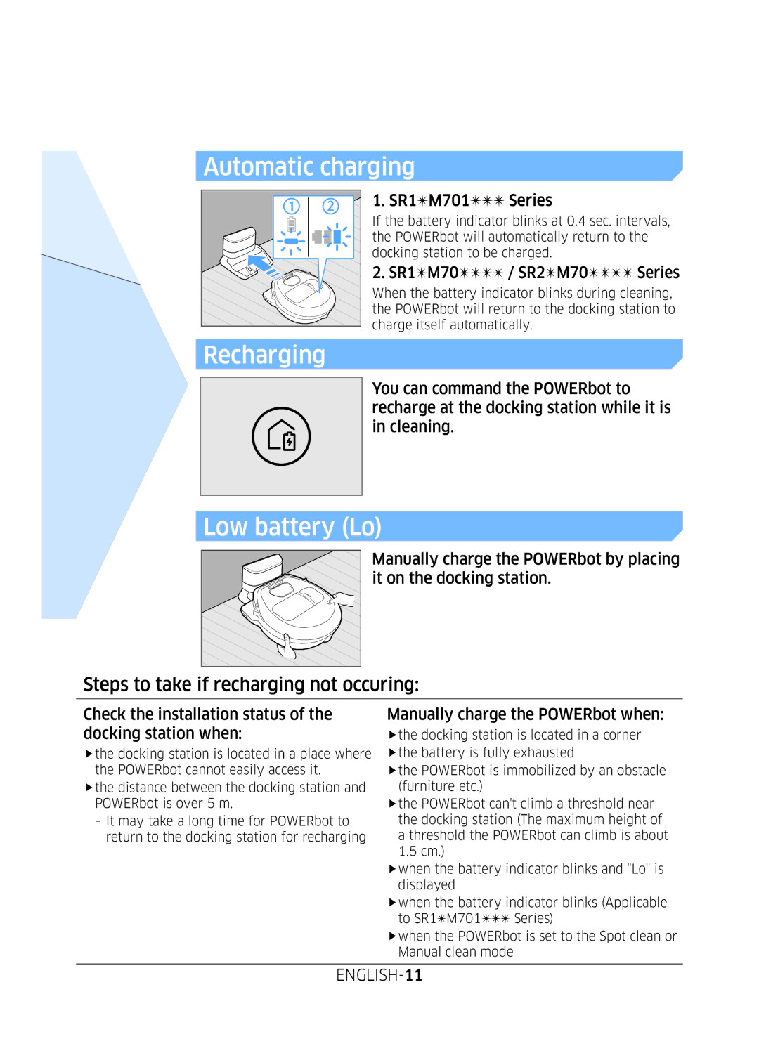 Samsung VR10M701WUW/AG manual Automatic charging, Low battery Lo, Steps to take if recharging not occuring, ENGLISH-11 