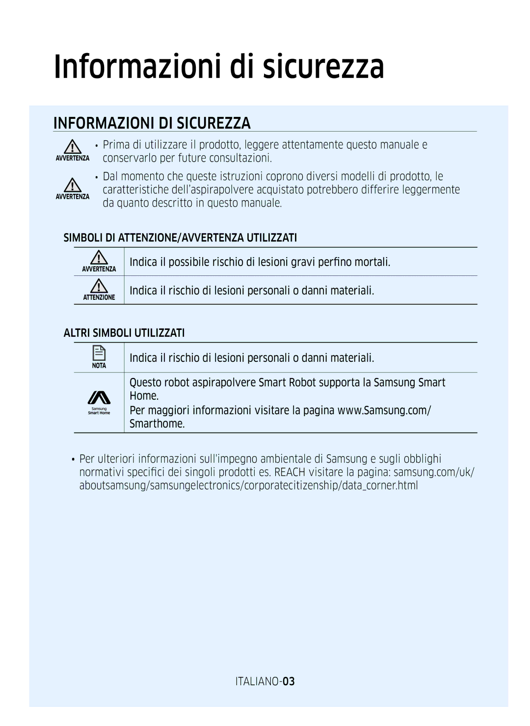 Samsung VR10M703WWW/AG Informazioni di sicurezza, Simboli DI ATTENZIONE/AVVERTENZA Utilizzati, Altri Simboli Utilizzati 