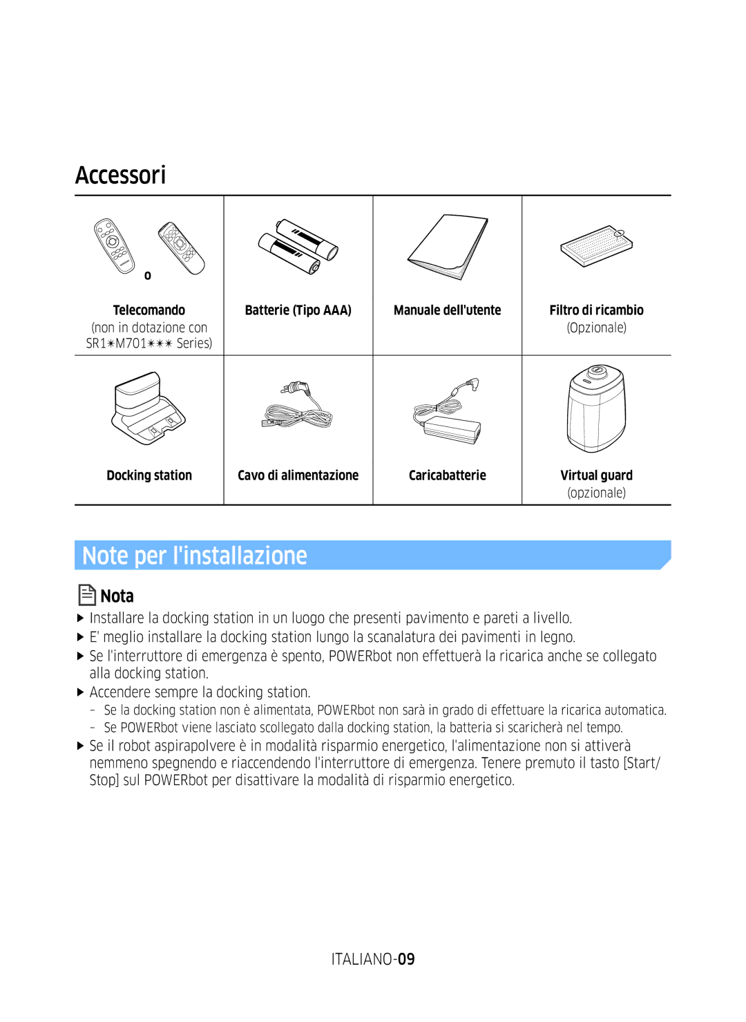 Samsung VR20M707WWS/AG manual Accessori, ITALIANO-09, Telecomando, Batterie Tipo AAA Manuale dellutente Filtro di ricambio 