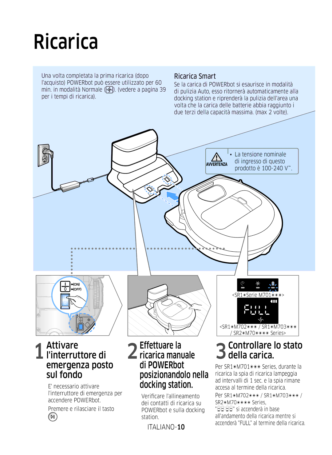 Samsung VR10M7039WG/SW, VR10M701WUW/AG, VR10M7019UW/SW, VR10M703WWW/AG, VR20M707WWS/AG manual Ricarica Smart, ITALIANO-10 