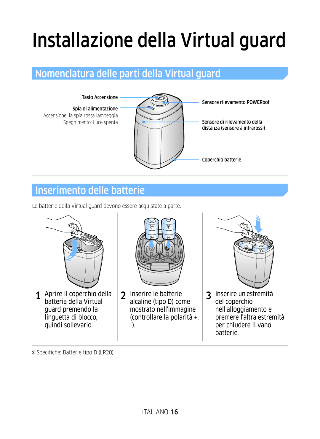 Samsung VR10M701WUW/AG manual Nomenclatura delle parti della Virtual guard, Inserimento delle batterie, ITALIANO-16 