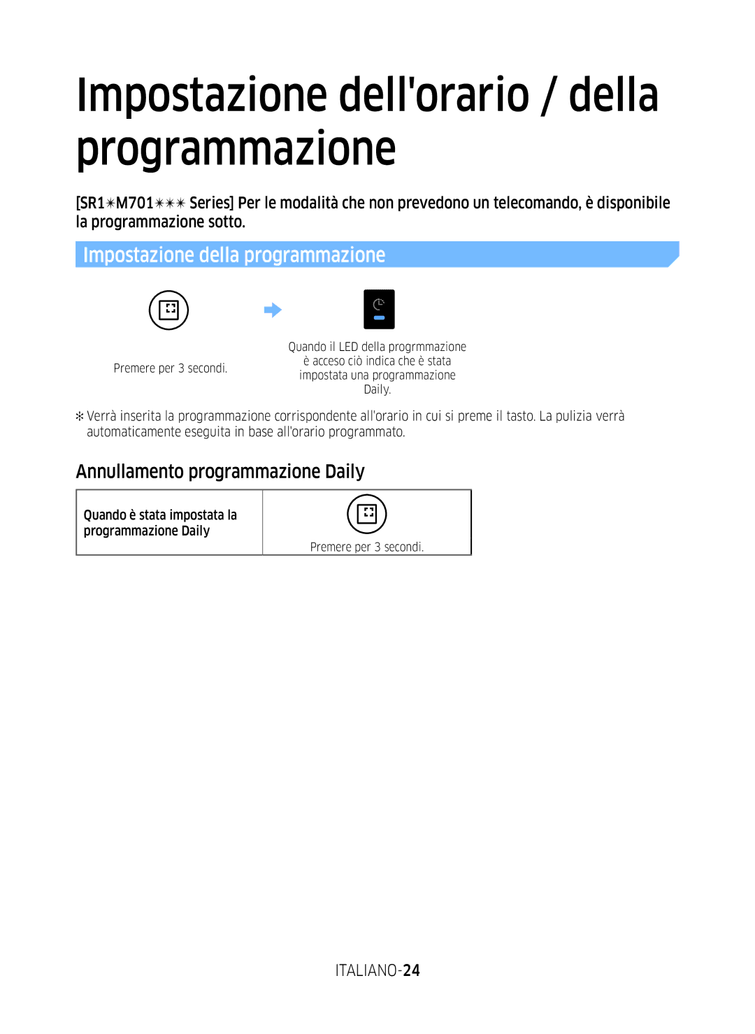 Samsung VR20M707WWS/AG Impostazione dellorario / della programmazione, Annullamento programmazione Daily, ITALIANO-24 