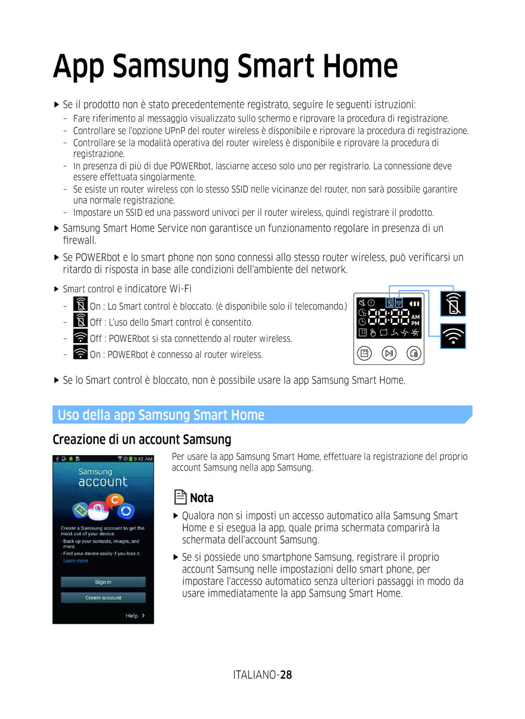 Samsung VR10M703WWW/AG, VR10M7039WG/SW manual Uso della app Samsung Smart Home, Creazione di un account Samsung, ITALIANO-28 