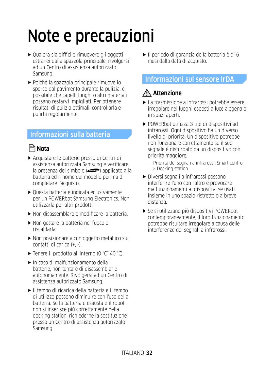 Samsung VR10M7019UW/SW, VR10M7039WG/SW manual Informazioni sulla batteria, Informazioni sul sensore IrDA, ITALIANO-32 