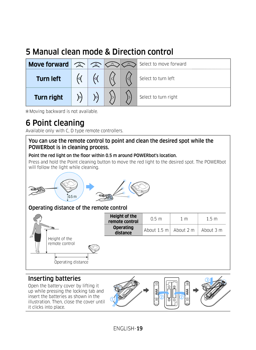 Samsung VR20M707WWS/AG manual Manual clean mode & Direction control, Point cleaning, Inserting batteries, ENGLISH-19 