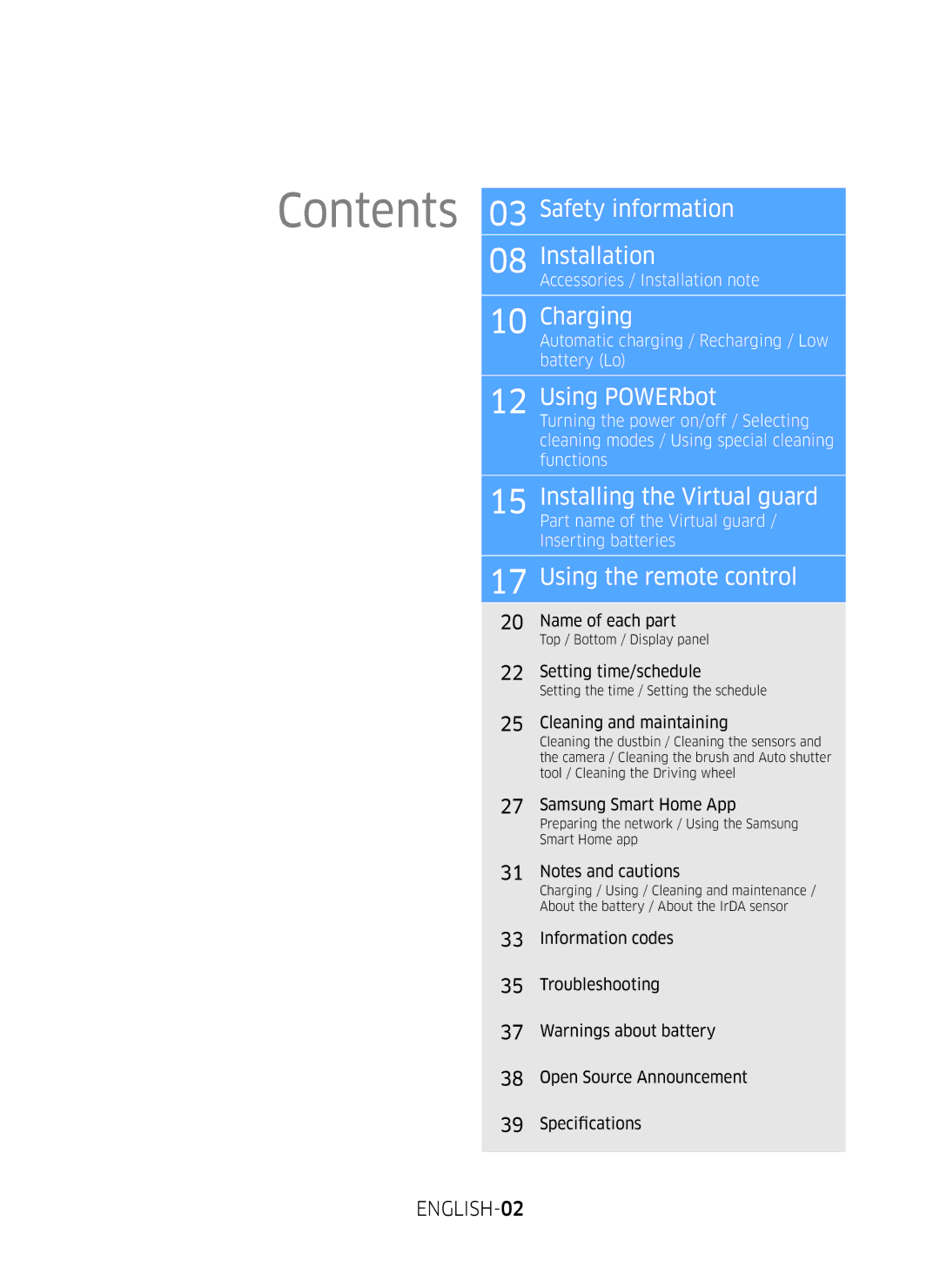 Samsung VR10M7019UW/SW, VR10M7039WG/SW, VR10M701WUW/AG, VR10M703WWW/AG, VR20M707WWS/AG manual Contents 