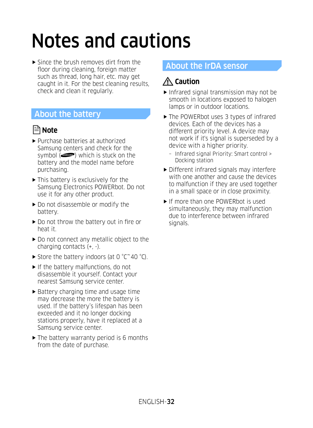 Samsung VR10M7019UW/SW, VR10M7039WG/SW, VR10M701WUW/AG, VR10M703WWW/AG About the battery, About the IrDA sensor, ENGLISH-32 