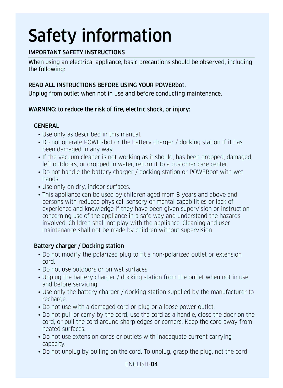 Samsung VR20M707WWS/AG, VR10M7039WG/SW, VR10M701WUW/AG, VR10M7019UW/SW Important Safety Instructions, General, ENGLISH-04 