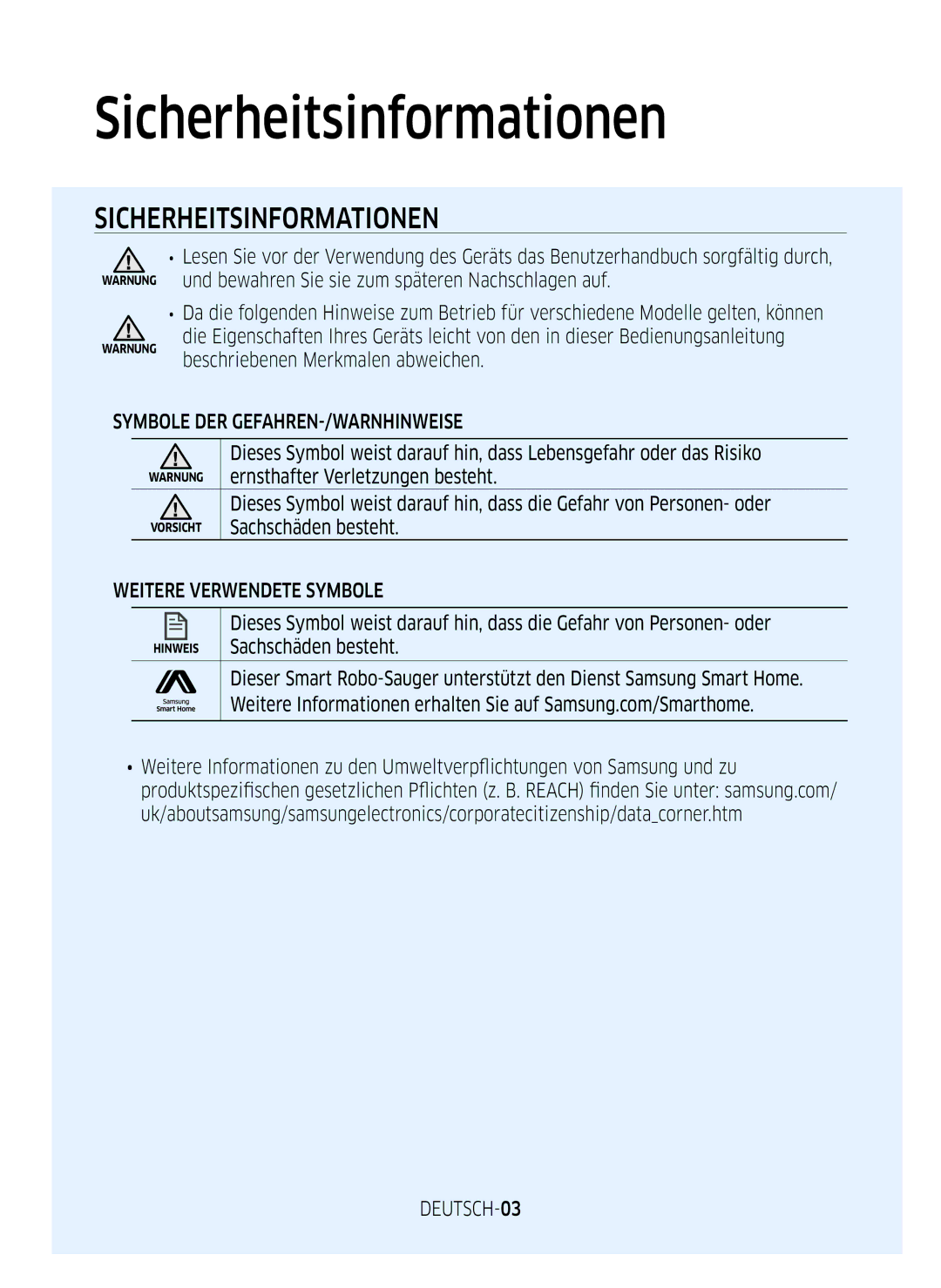 Samsung VR10M703WWW/AG manual Sicherheitsinformationen, Symbole DER GEFAHREN-/WARNHINWEISE, Weitere Verwendete Symbole 