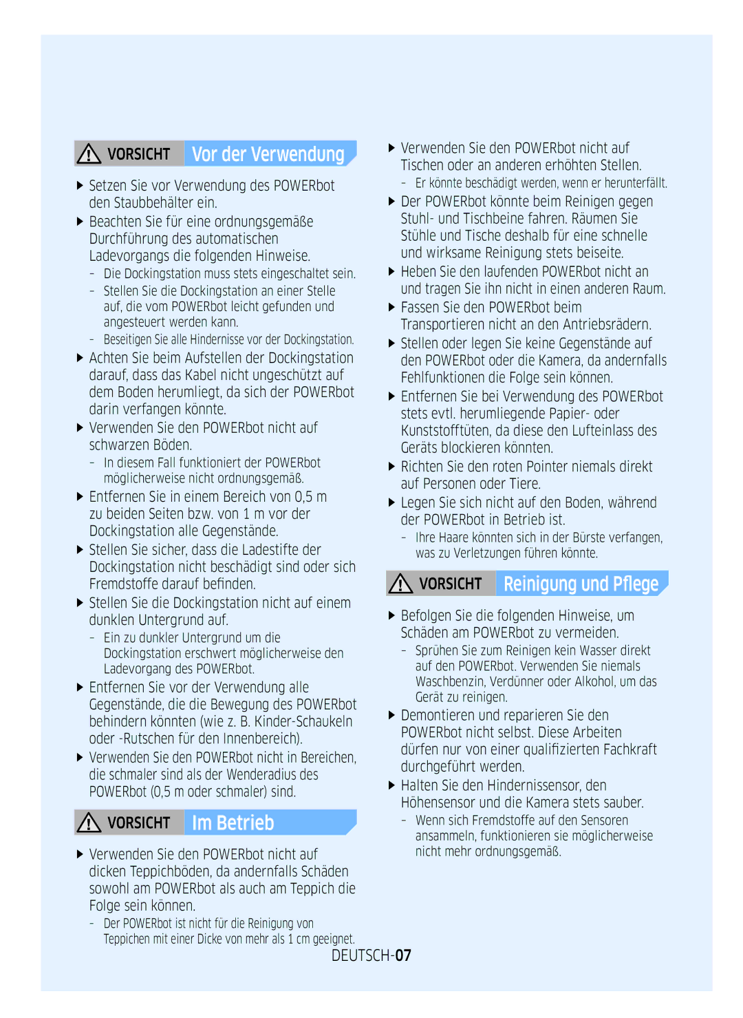 Samsung VR10M7019UW/SW manual Vorsicht Vor der Verwendung, Vorsicht Reinigung und Pflege, Vorsicht Im Betrieb, DEUTSCH-07 