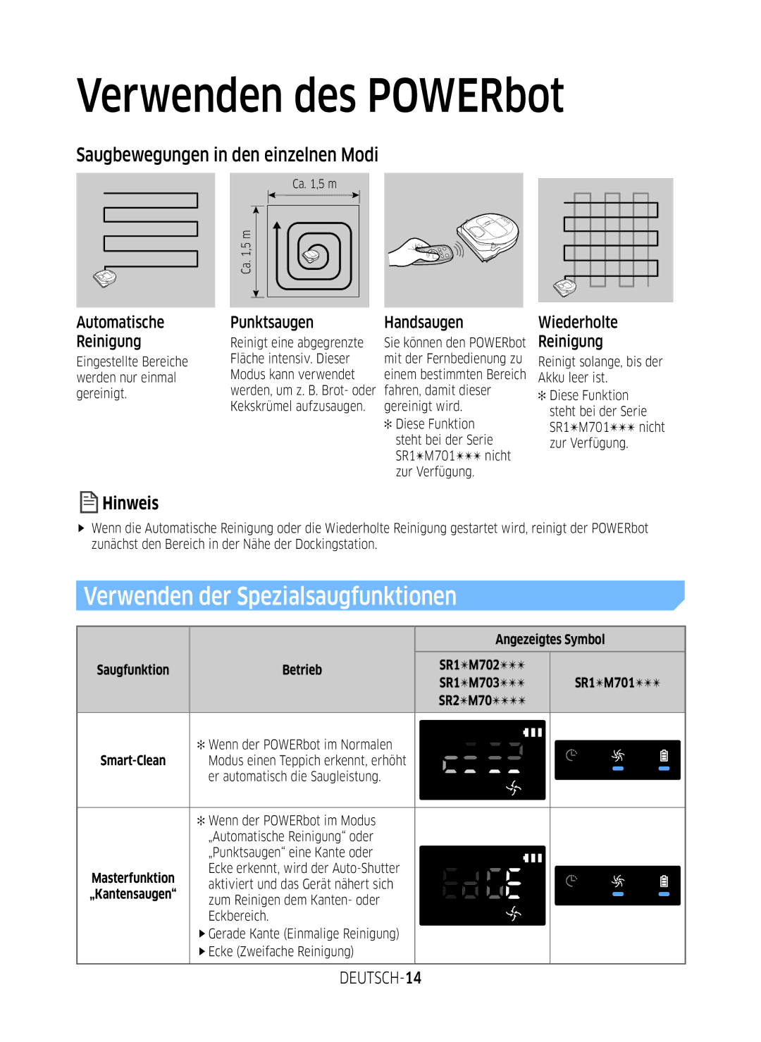 Samsung VR20M707WWS/AG manual Verwenden der Spezialsaugfunktionen, Saugbewegungen in den einzelnen Modi, DEUTSCH-14 