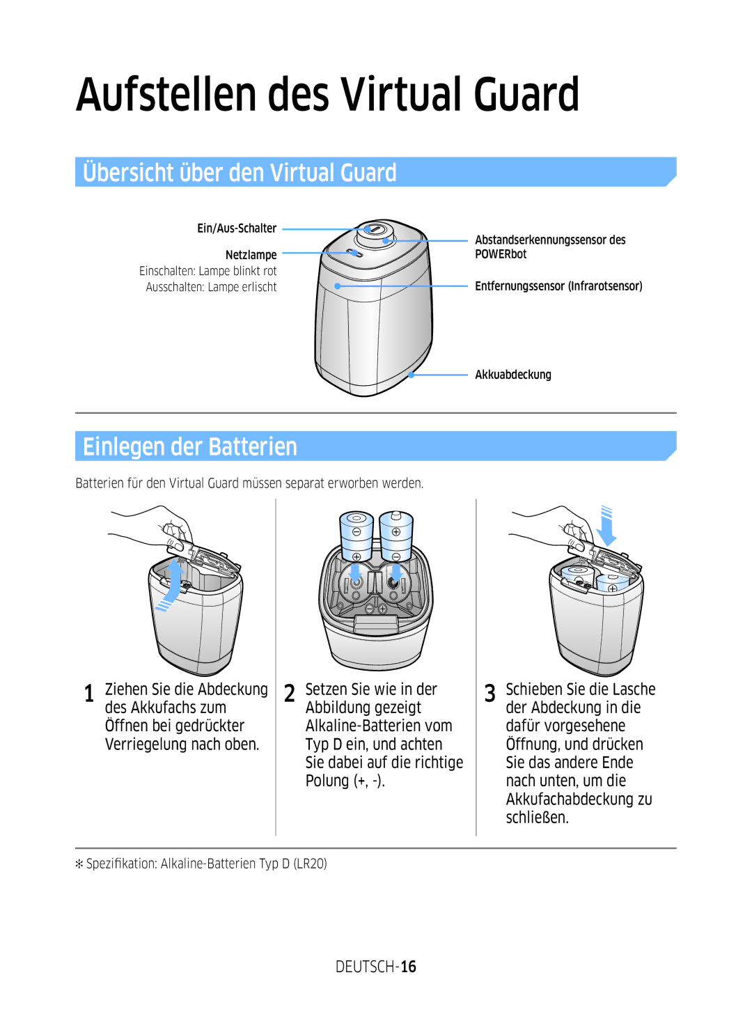 Samsung VR10M701WUW/AG, VR10M7039WG/SW, VR10M7019UW/SW Übersicht über den Virtual Guard, Einlegen der Batterien, DEUTSCH-16 