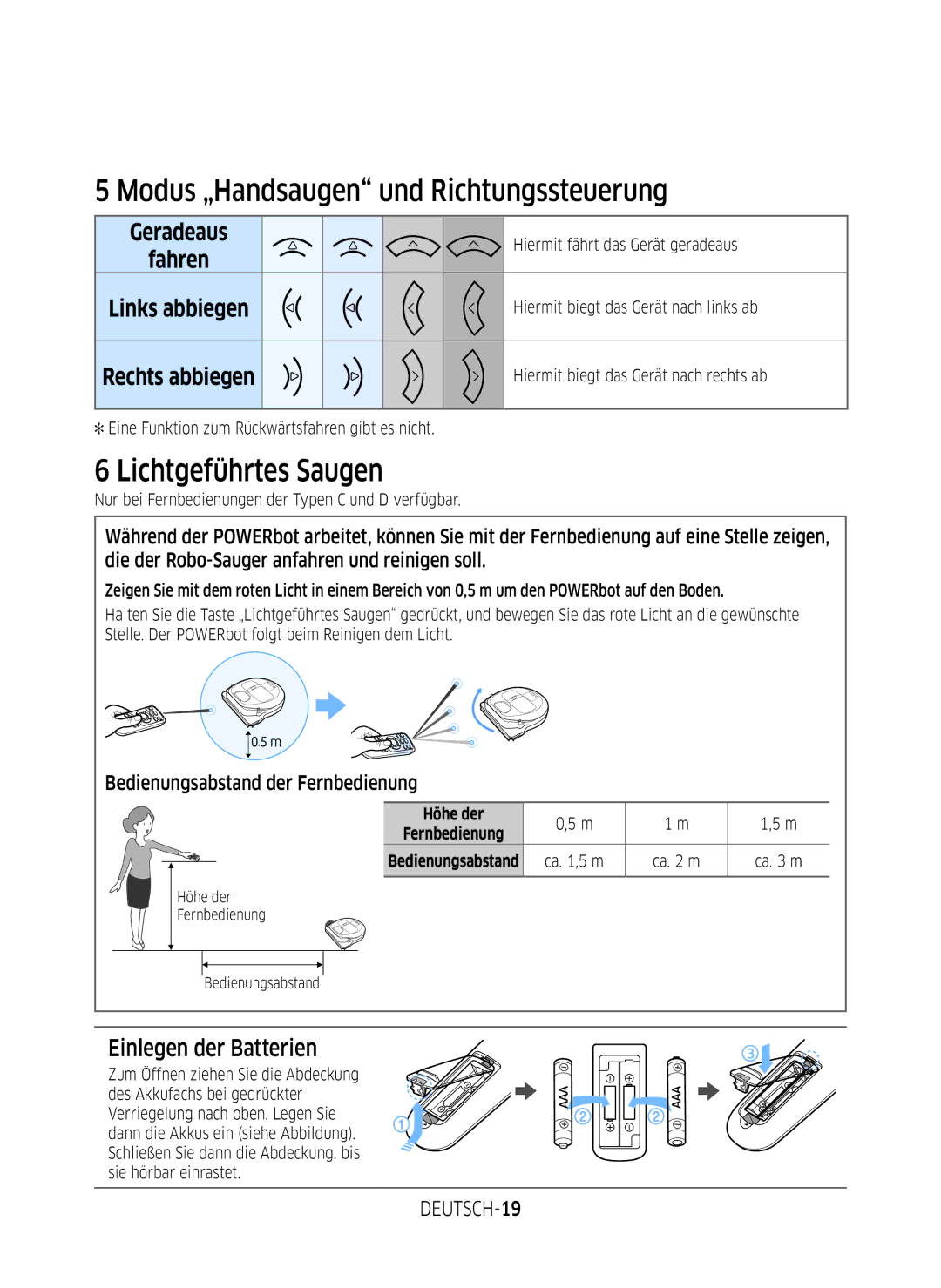 Samsung VR20M707WWS/AG Modus „Handsaugen und Richtungssteuerung, Lichtgeführtes Saugen, Einlegen der Batterien, DEUTSCH-19 