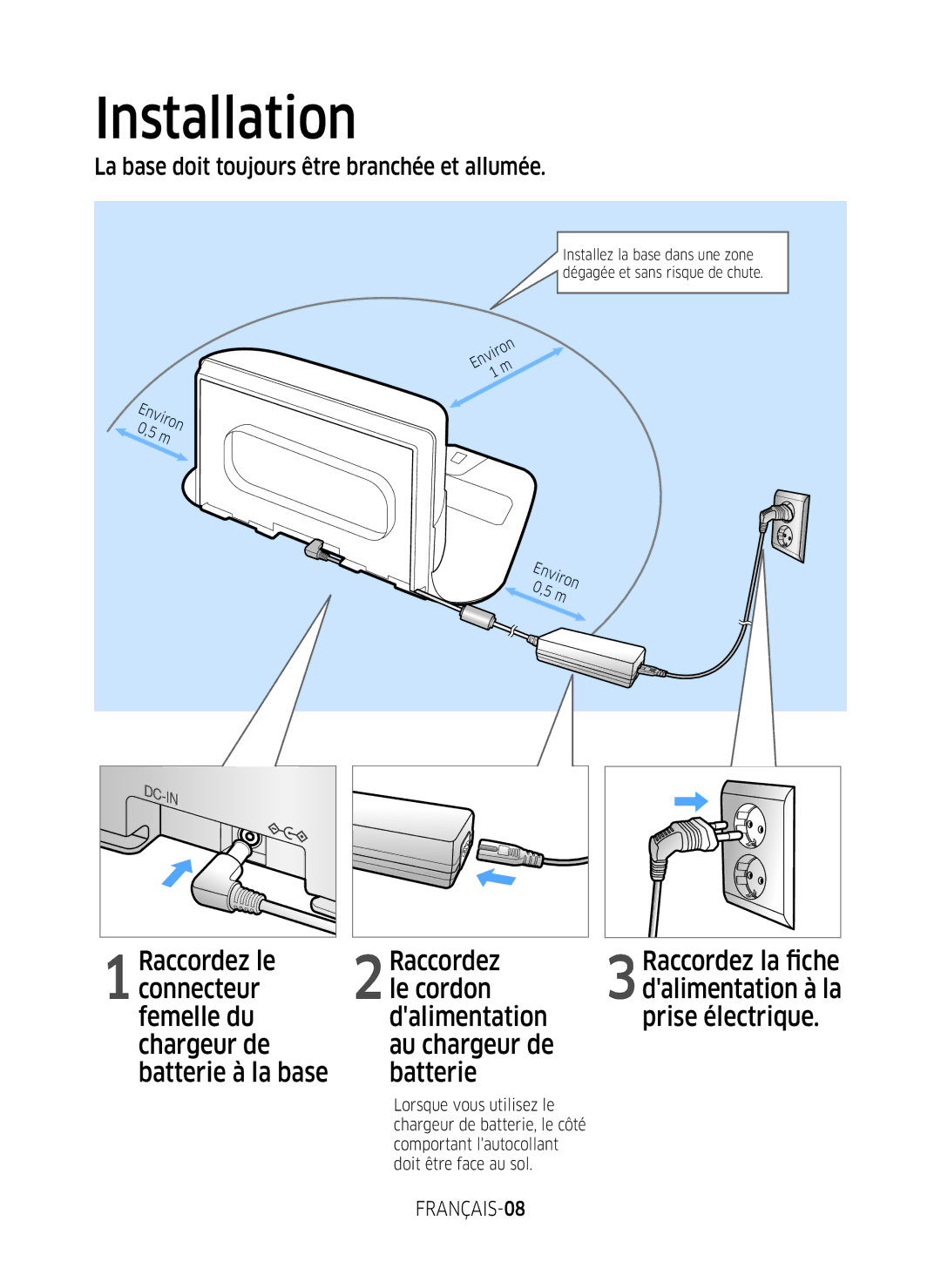 Samsung VR10M703WWW/AG, VR10M7039WG/SW La base doit toujours être branchée et allumée, Raccordez la fiche, FRANÇAIS-08 