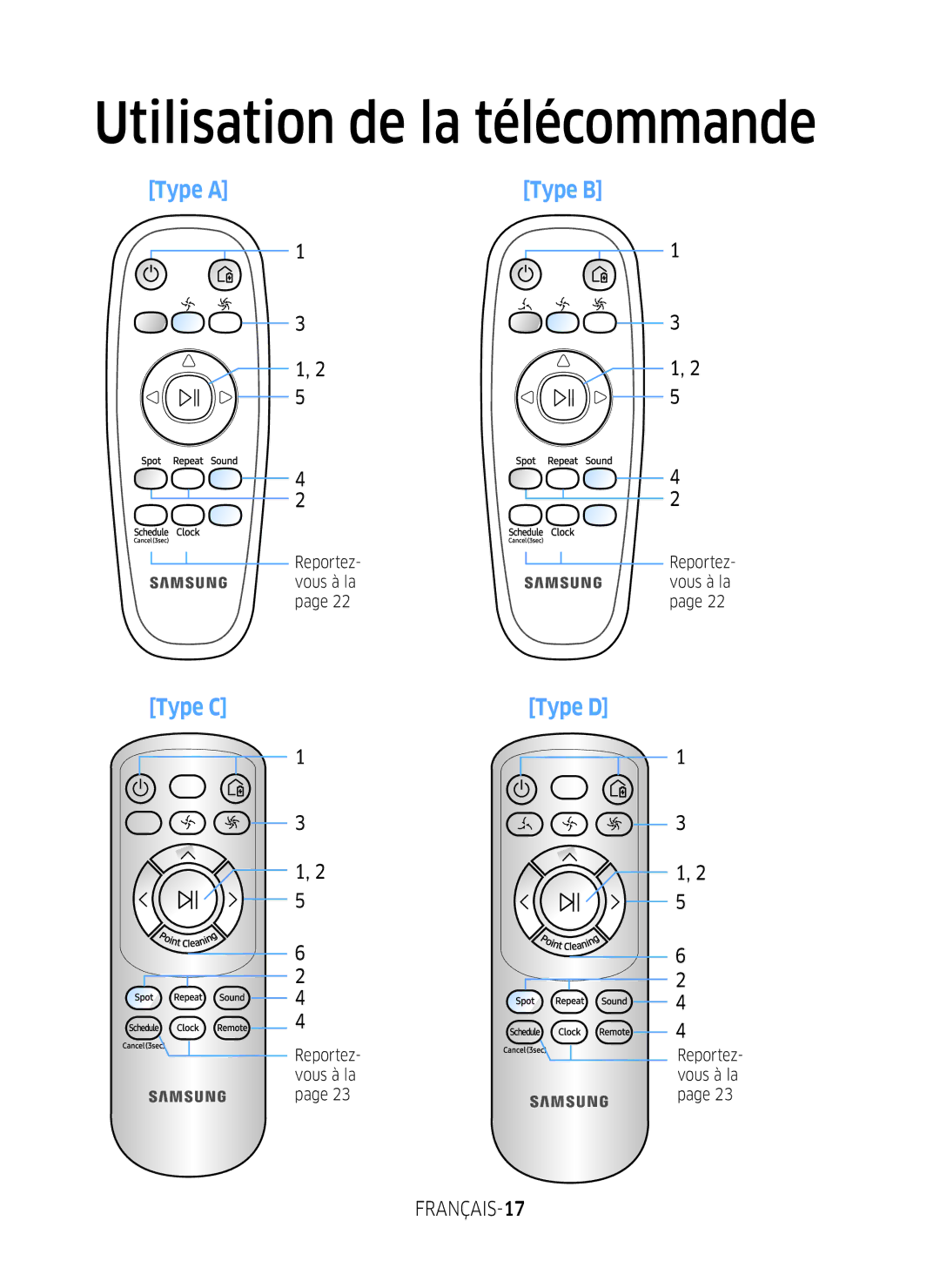 Samsung VR10M7019UW/SW, VR10M7039WG/SW, VR10M701WUW/AG Utilisation de la télécommande, FRANÇAIS-17, Reportez- vous à la 