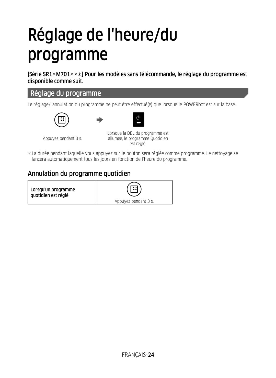 Samsung VR20M707WWS/AG manual Annulation du programme quotidien, FRANÇAIS-24, Lorsquun programme quotidien est réglé 