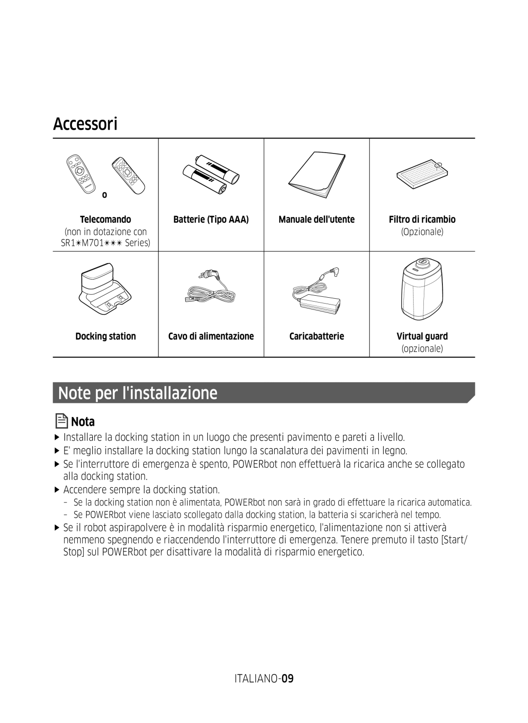 Samsung VR20M707WWS/AG manual Accessori, ITALIANO-09, Telecomando, Batterie Tipo AAA Manuale dellutente Filtro di ricambio 