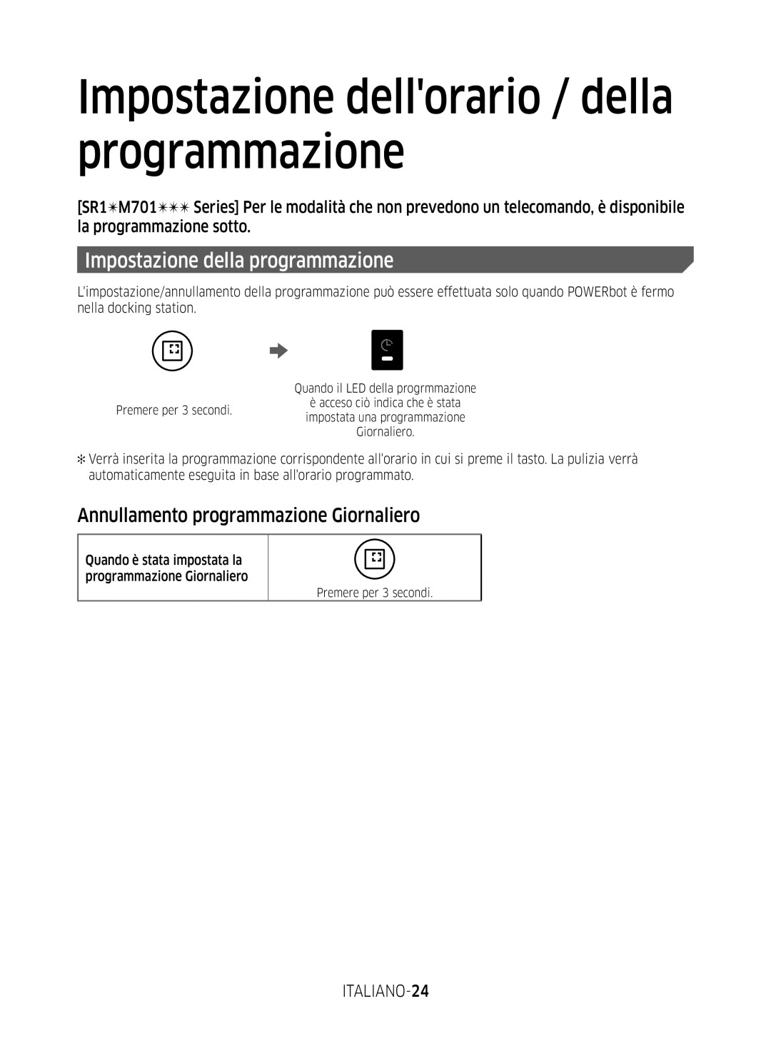 Samsung VR20M707WWS/AG manual Impostazione dellorario / della programmazione, Annullamento programmazione Giornaliero 