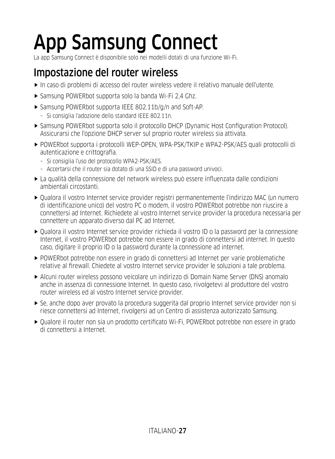 Samsung VR10M7019UW/SW, VR10M7039WG/SW, VR10M701WUW/AG App Samsung Connect, Impostazione del router wireless, ITALIANO-27 