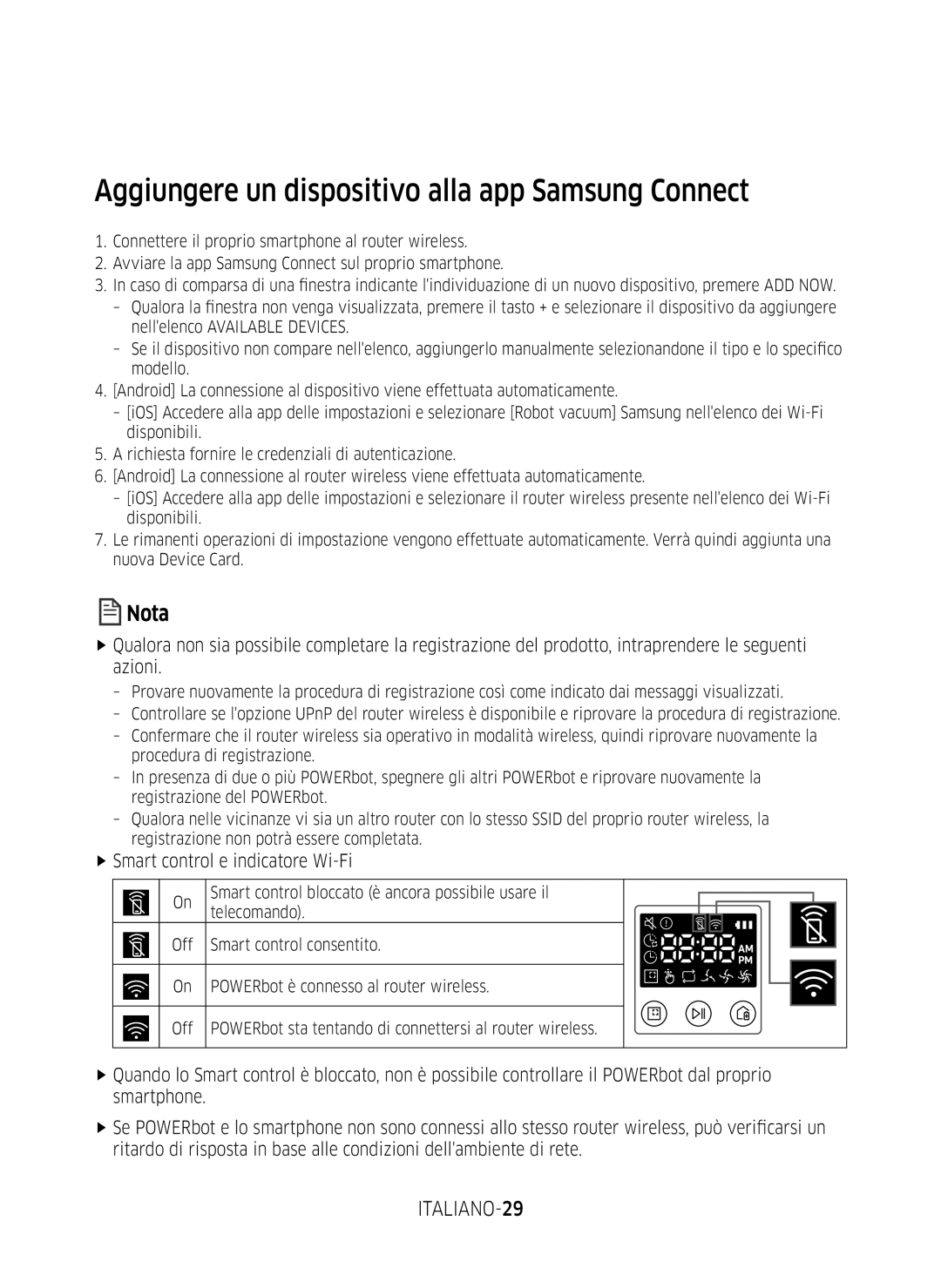 Samsung VR20M707WWS/AG Aggiungere un dispositivo alla app Samsung Connect, ITALIANO-29, FfSmart control e indicatore Wi-Fi 