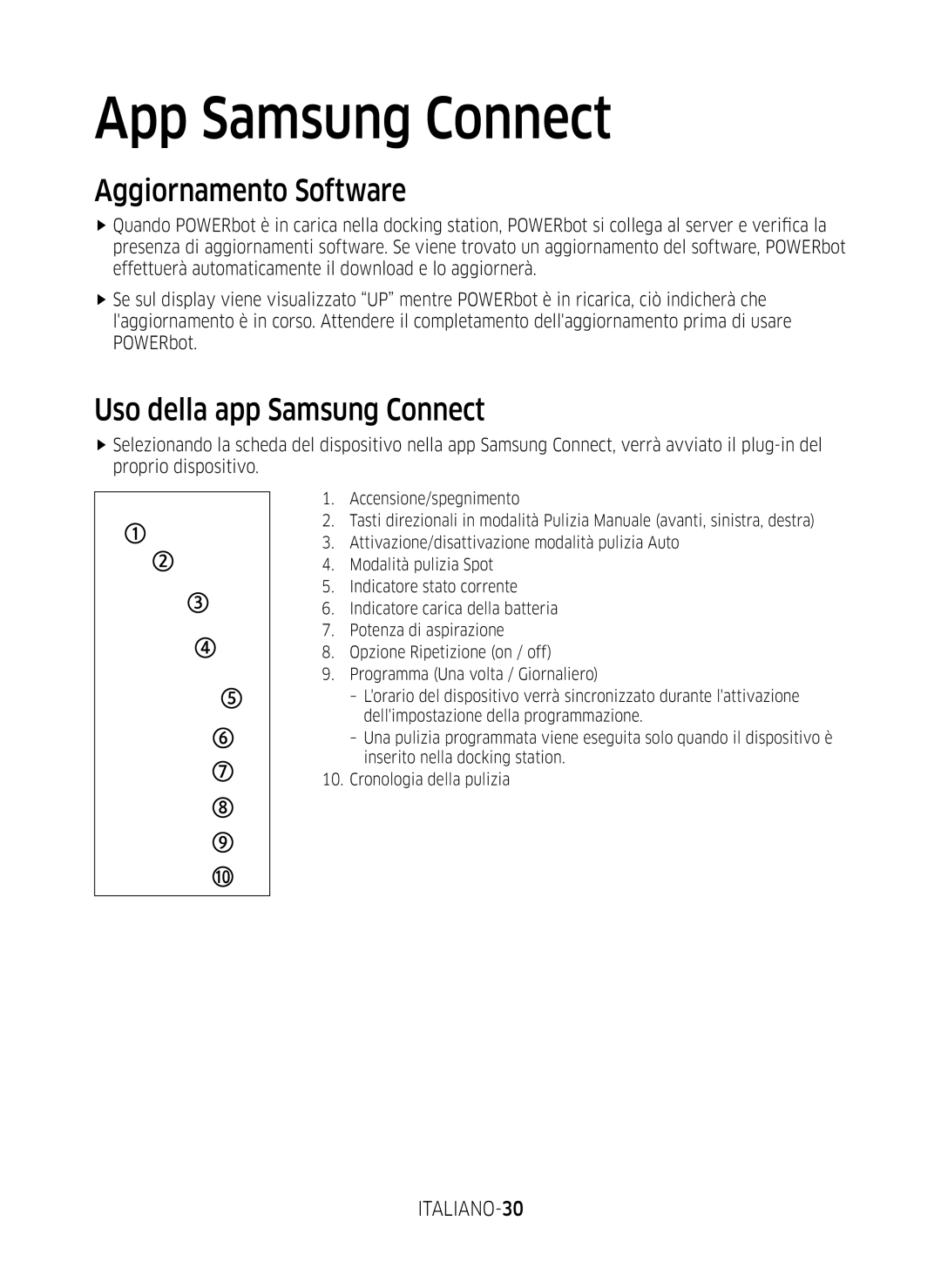 Samsung VR10M7039WG/SW, VR10M701WUW/AG, VR10M7019UW/SW Aggiornamento Software, Uso della app Samsung Connect, ITALIANO-30 