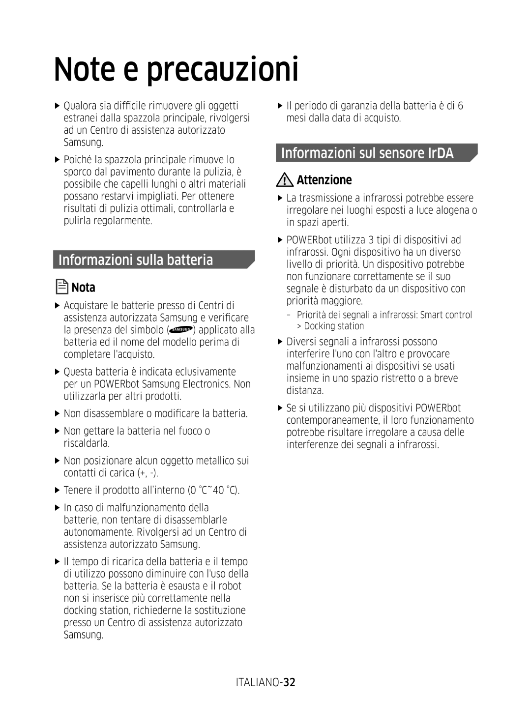 Samsung VR10M7019UW/SW, VR10M7039WG/SW manual Informazioni sulla batteria, Informazioni sul sensore IrDA, ITALIANO-32 