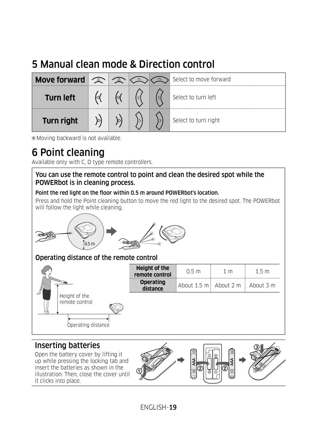 Samsung VR20M707WWS/AG manual Manual clean mode & Direction control, Point cleaning, Inserting batteries, ENGLISH-19 