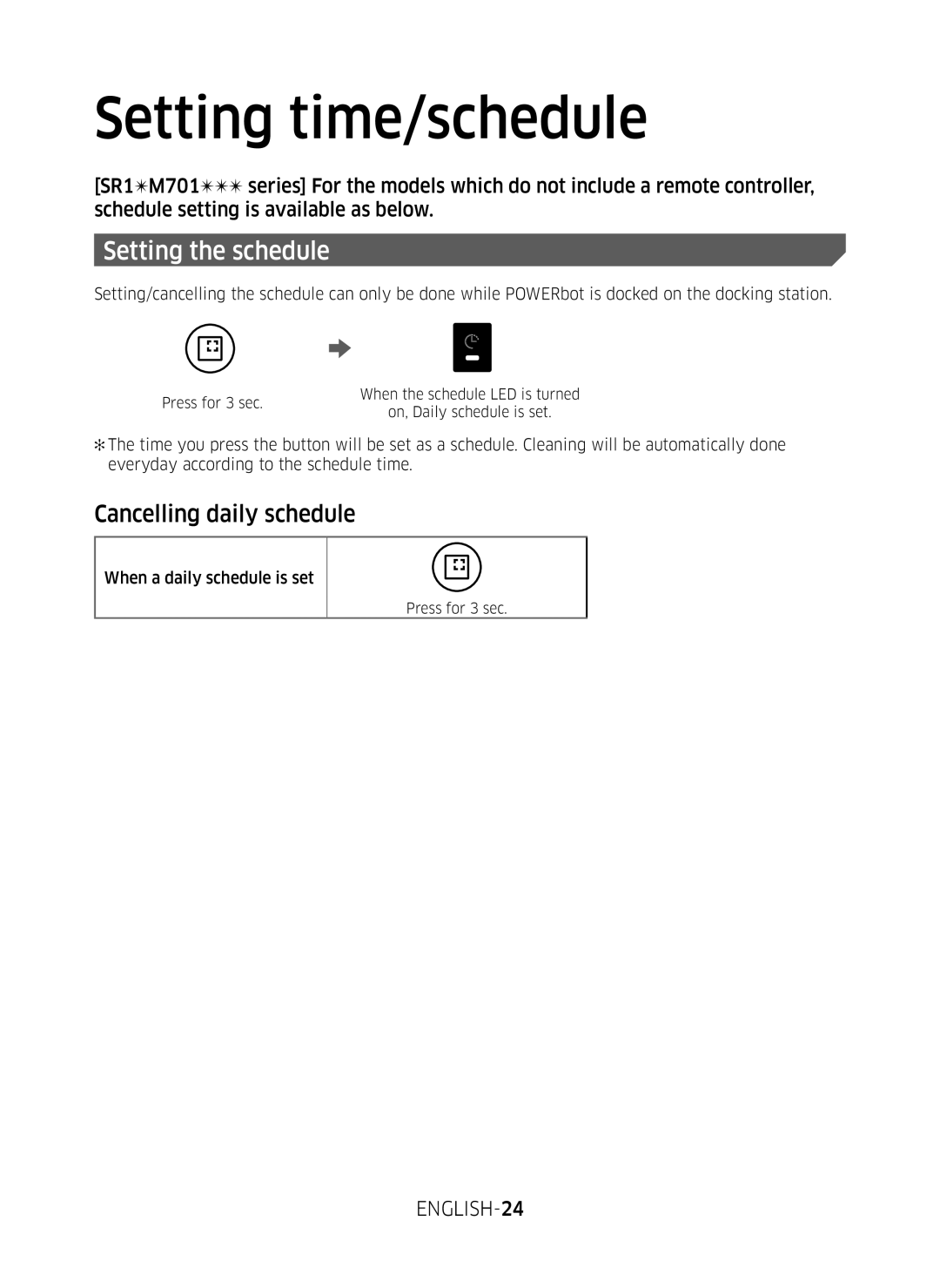 Samsung VR20M707WWS/AG, VR10M7039WG/SW, VR10M701WUW/AG Cancelling daily schedule, ENGLISH-24, When a daily schedule is set 