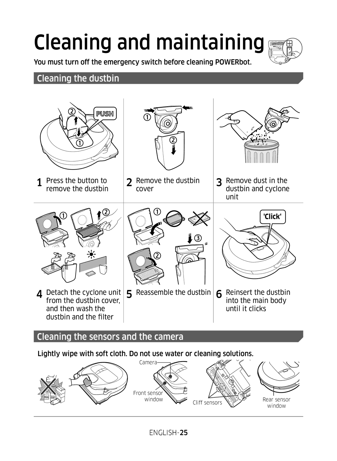 Samsung VR10M7039WG/SW Cleaning and maintaining, Cleaning the dustbin, Cleaning the sensors and the camera, ENGLISH-25 