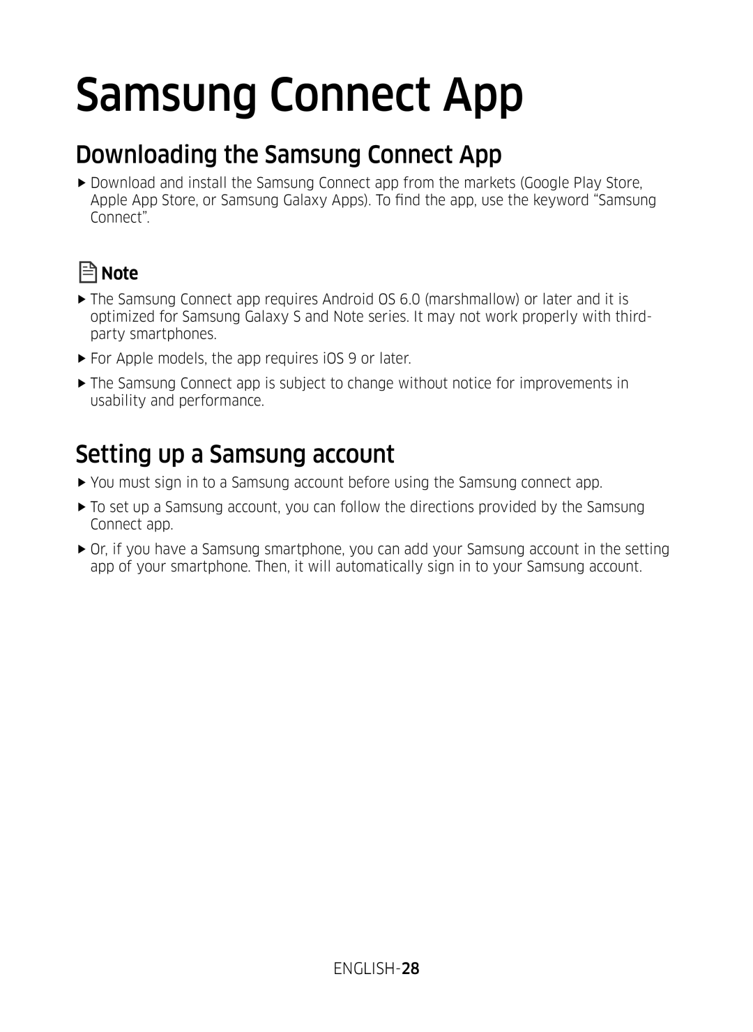 Samsung VR10M703WWW/AG, VR10M7039WG/SW manual Downloading the Samsung Connect App, Setting up a Samsung account, ENGLISH-28 