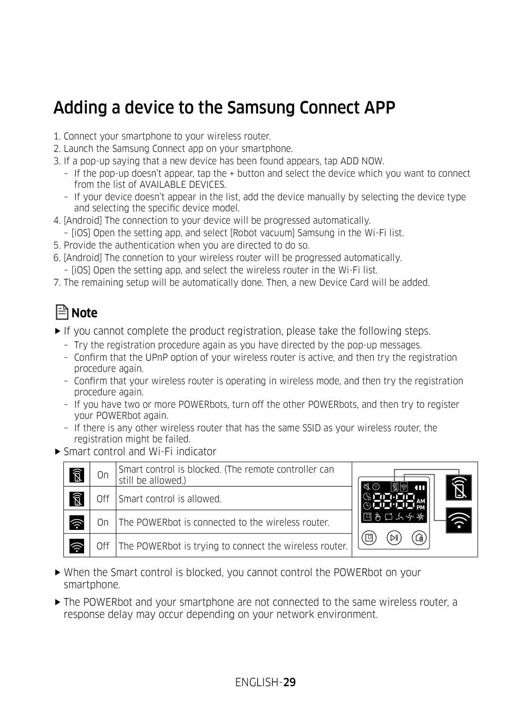 Samsung VR20M707WWS/AG manual Adding a device to the Samsung Connect APP, ENGLISH-29, FfSmart control and Wi-Fi indicator 