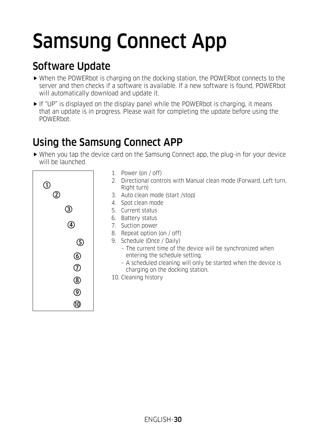 Samsung VR10M7039WG/SW, VR10M701WUW/AG, VR10M7019UW/SW manual Software Update, Using the Samsung Connect APP, ENGLISH-30 