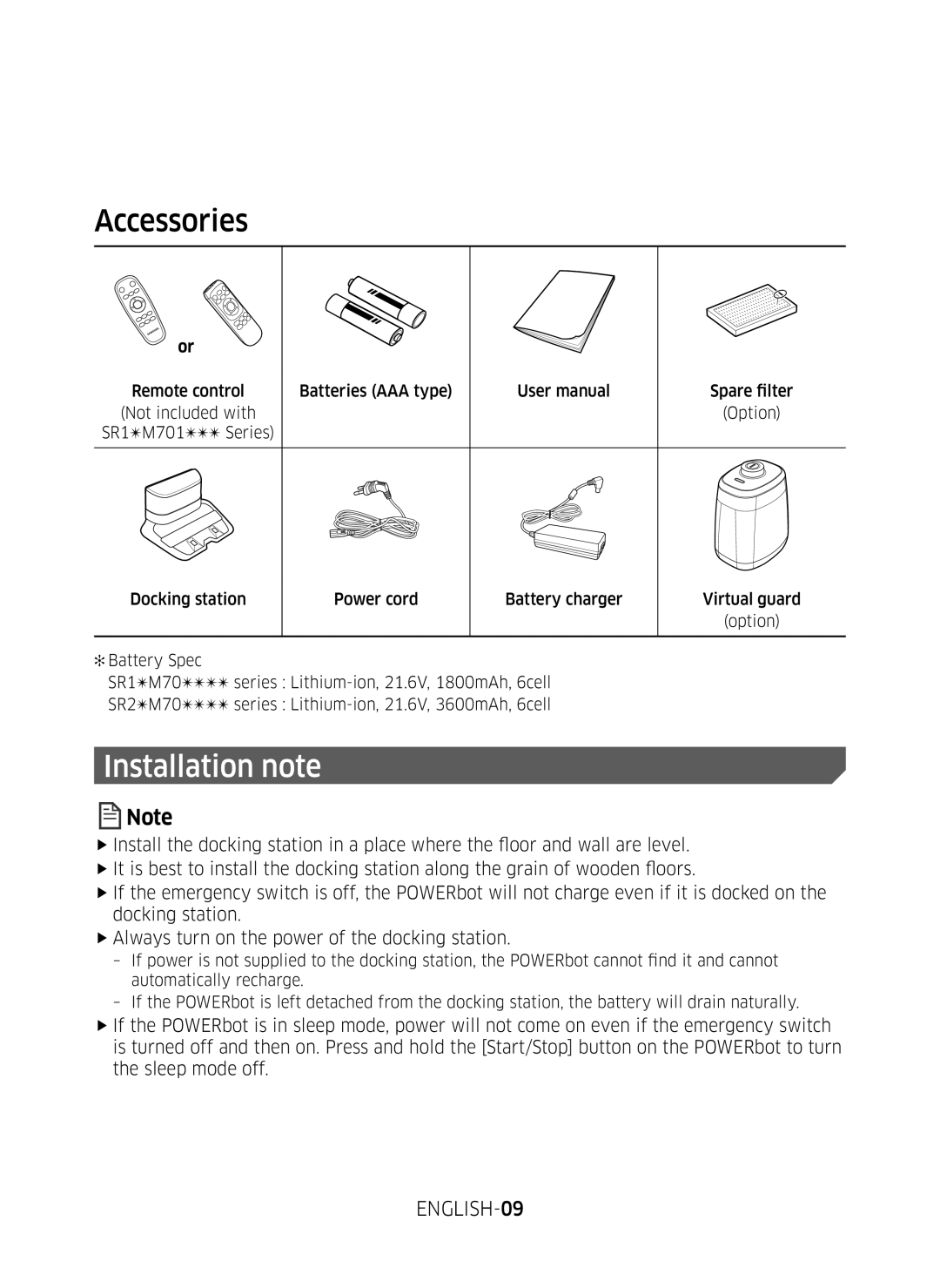 Samsung VR20M707WWS/AG, VR10M7039WG/SW, VR10M701WUW/AG, VR10M7019UW/SW manual Accessories, Installation note, ENGLISH-09 