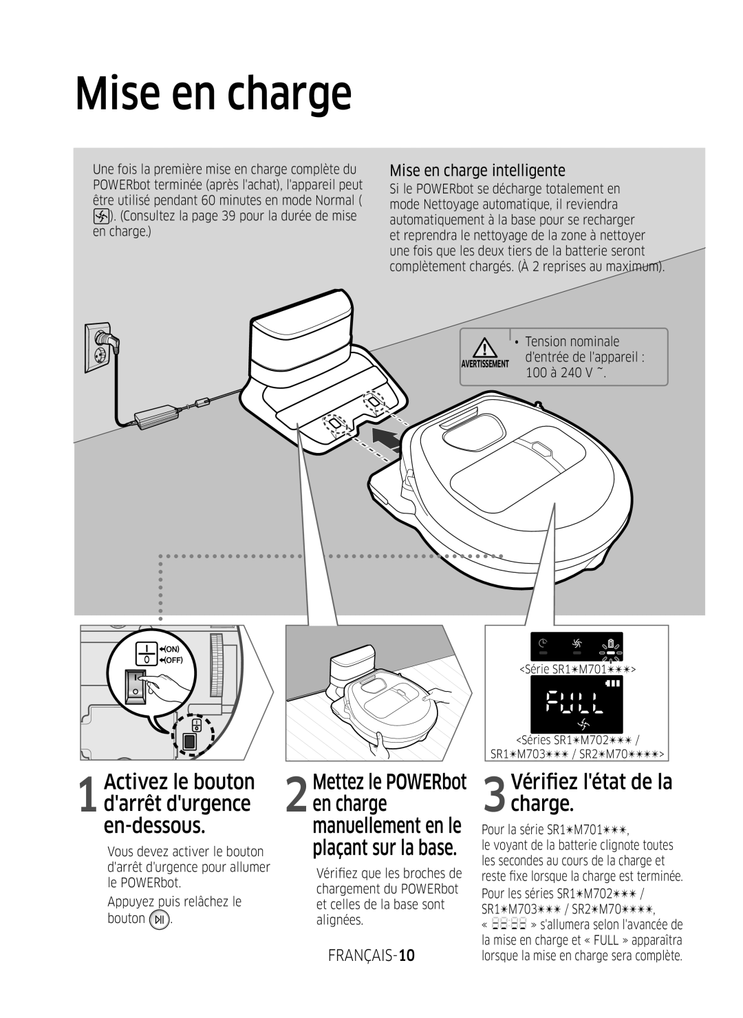 Samsung VR10M7039WG/SW manual Mise en charge intelligente, FRANÇAIS-10, Tension nominale, Pour la série SR1M701 