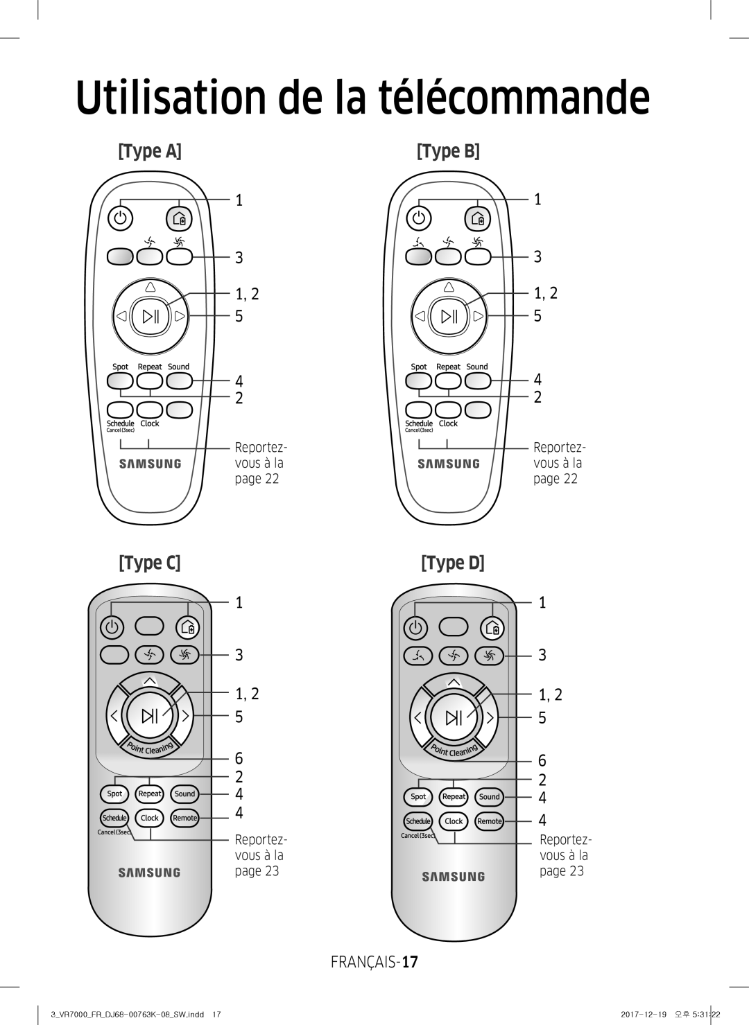 Samsung VR10M701WUW/AG, VR10M7039WG/SW manual Utilisation de la télécommande, FRANÇAIS-17, Reportez- vous à la, Vous à la 