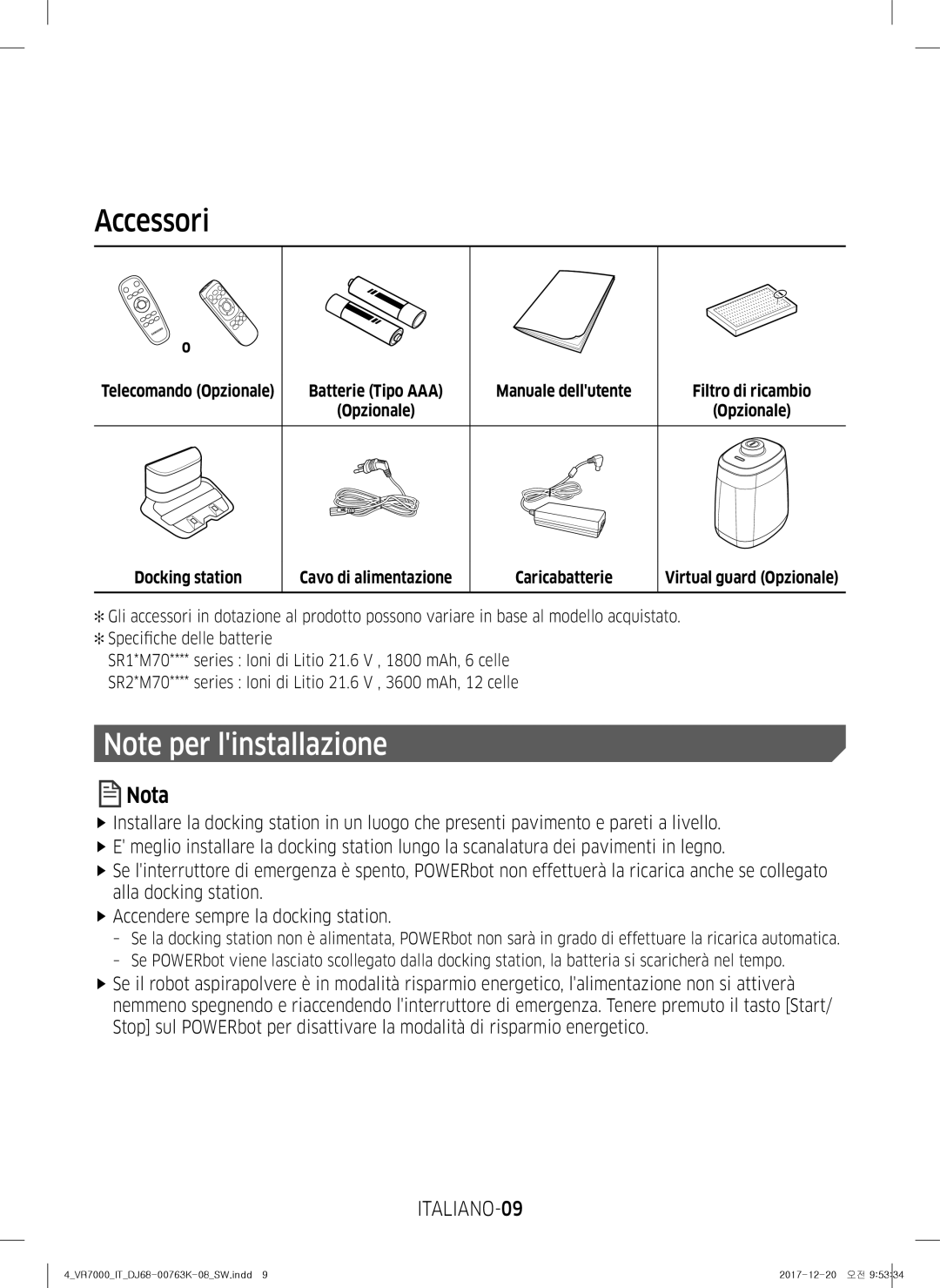 Samsung VR10M7039WG/SW, VR10M701WUW/AG, VR10M7019UW/SW, VR10M703WWW/AG, VR20M707WWS/AG manual Accessori, ITALIANO-09 