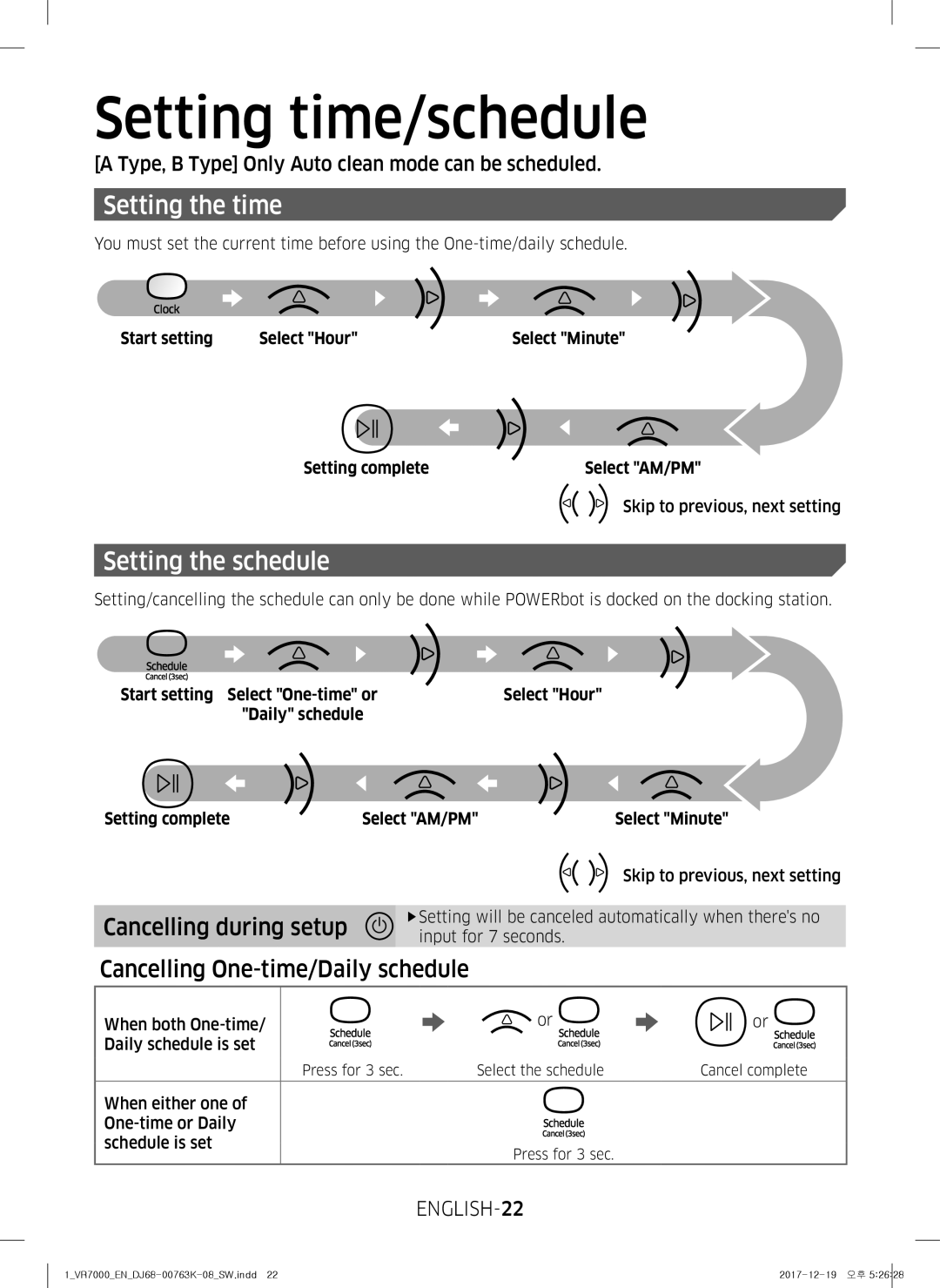 Samsung VR10M7019UW/SW manual Setting time/schedule, Setting the time, Setting the schedule, Cancelling during setup 