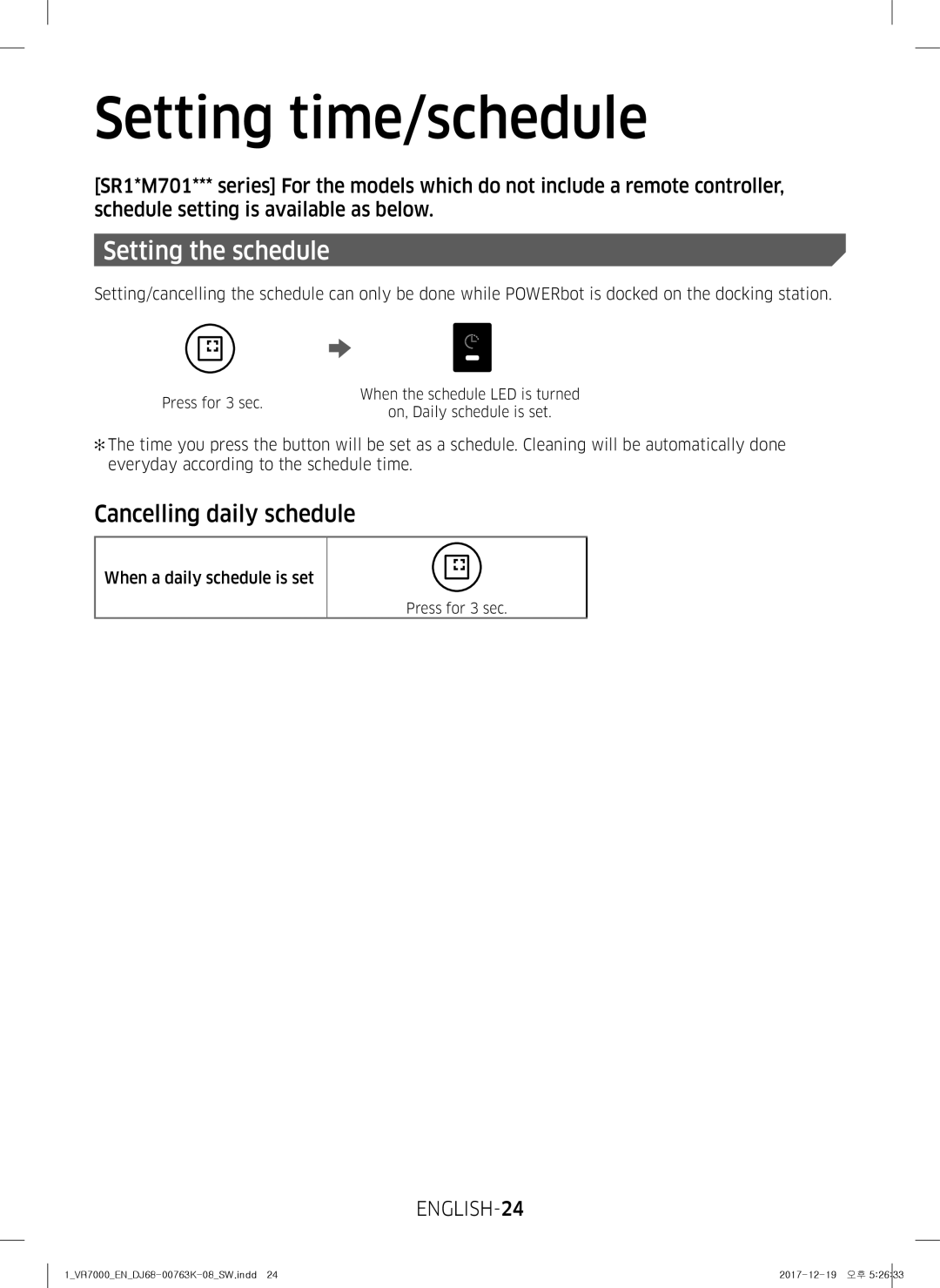 Samsung VR20M707WWS/AG, VR10M7039WG/SW, VR10M701WUW/AG Cancelling daily schedule, ENGLISH-24, When a daily schedule is set 