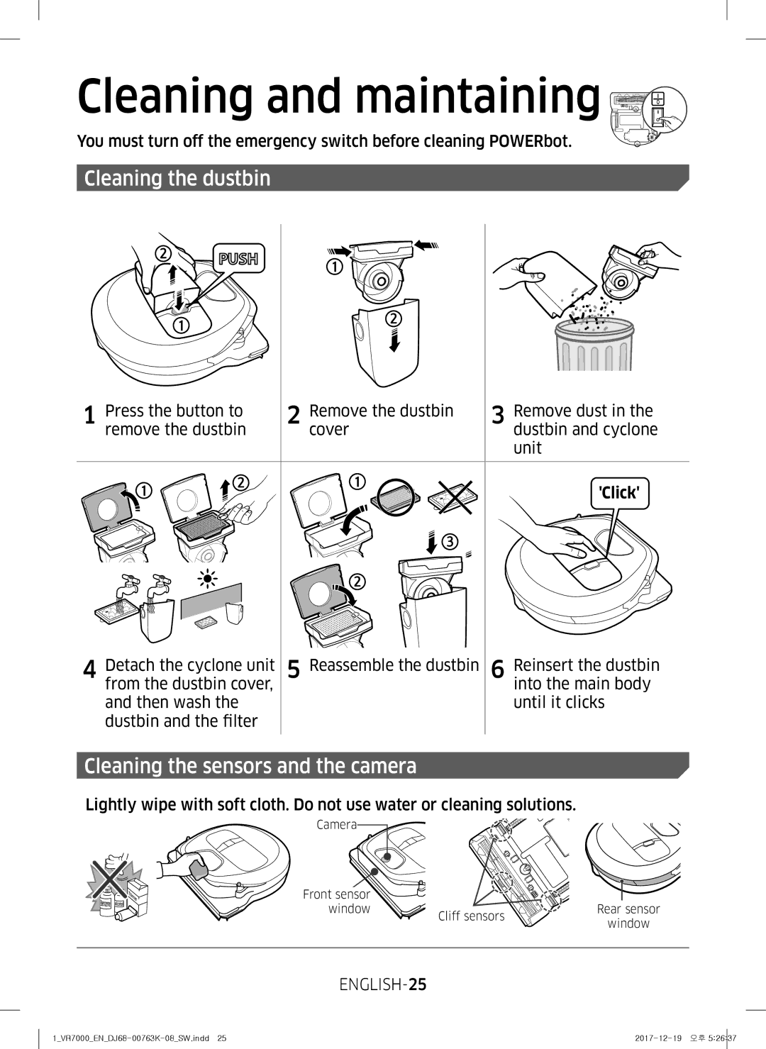 Samsung VR10M7039WG/SW Cleaning and maintaining, Cleaning the dustbin, Cleaning the sensors and the camera, ENGLISH-25 