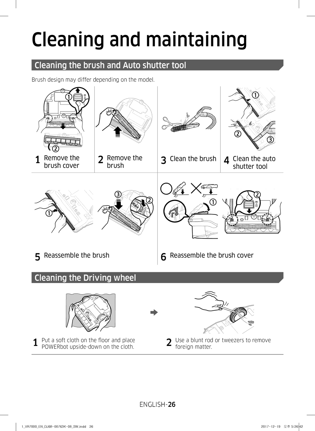 Samsung VR10M701WUW/AG, VR10M7039WG/SW Cleaning the brush and Auto shutter tool, Cleaning the Driving wheel, ENGLISH-26 