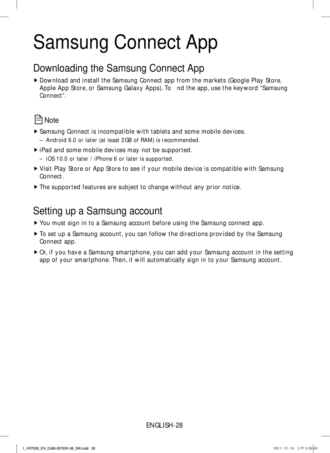 Samsung VR10M703WWW/AG, VR10M7039WG/SW manual Downloading the Samsung Connect App, Setting up a Samsung account, ENGLISH-28 