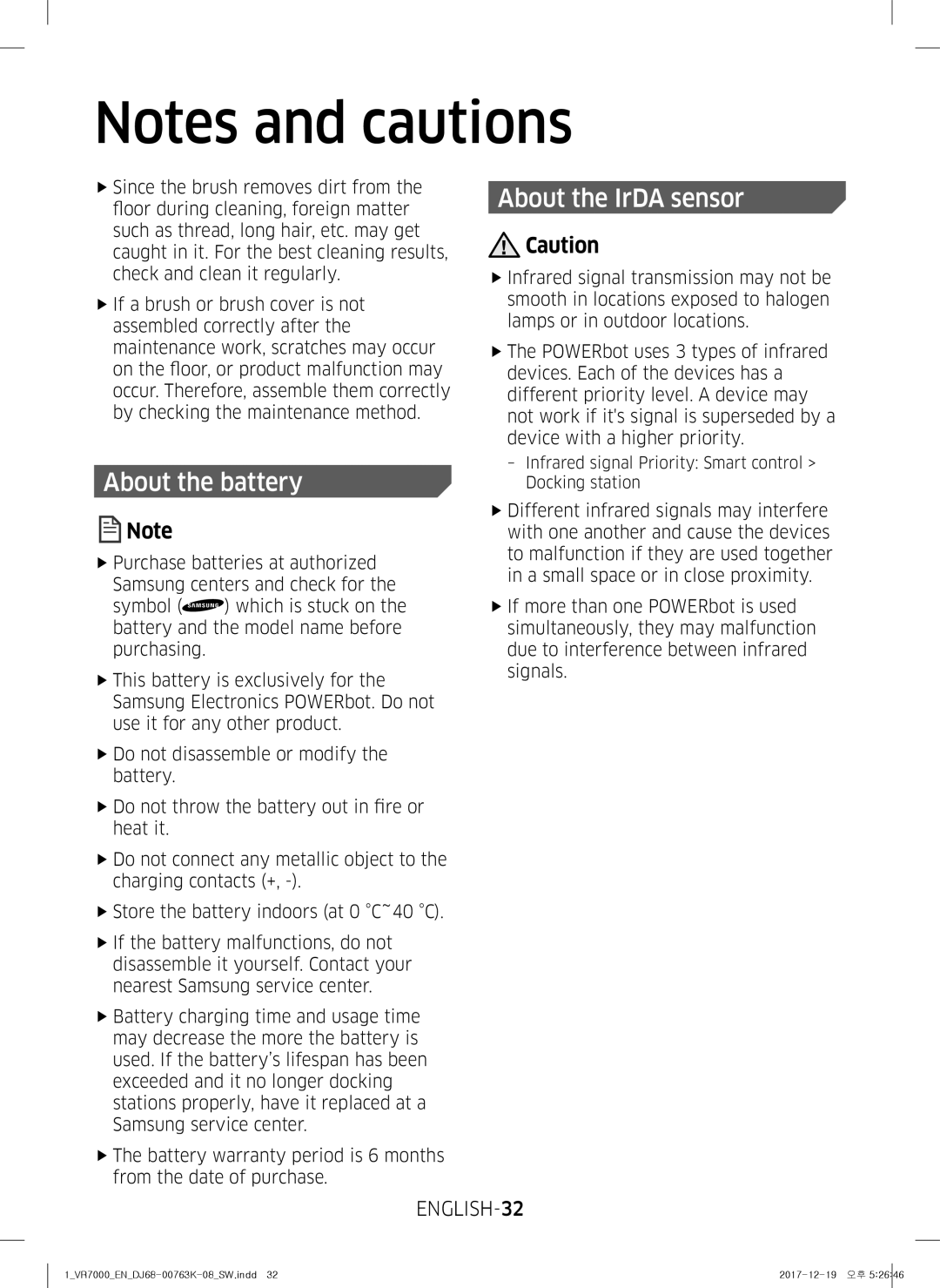 Samsung VR10M7019UW/SW, VR10M7039WG/SW, VR10M701WUW/AG, VR10M703WWW/AG About the battery, About the IrDA sensor, ENGLISH-32 