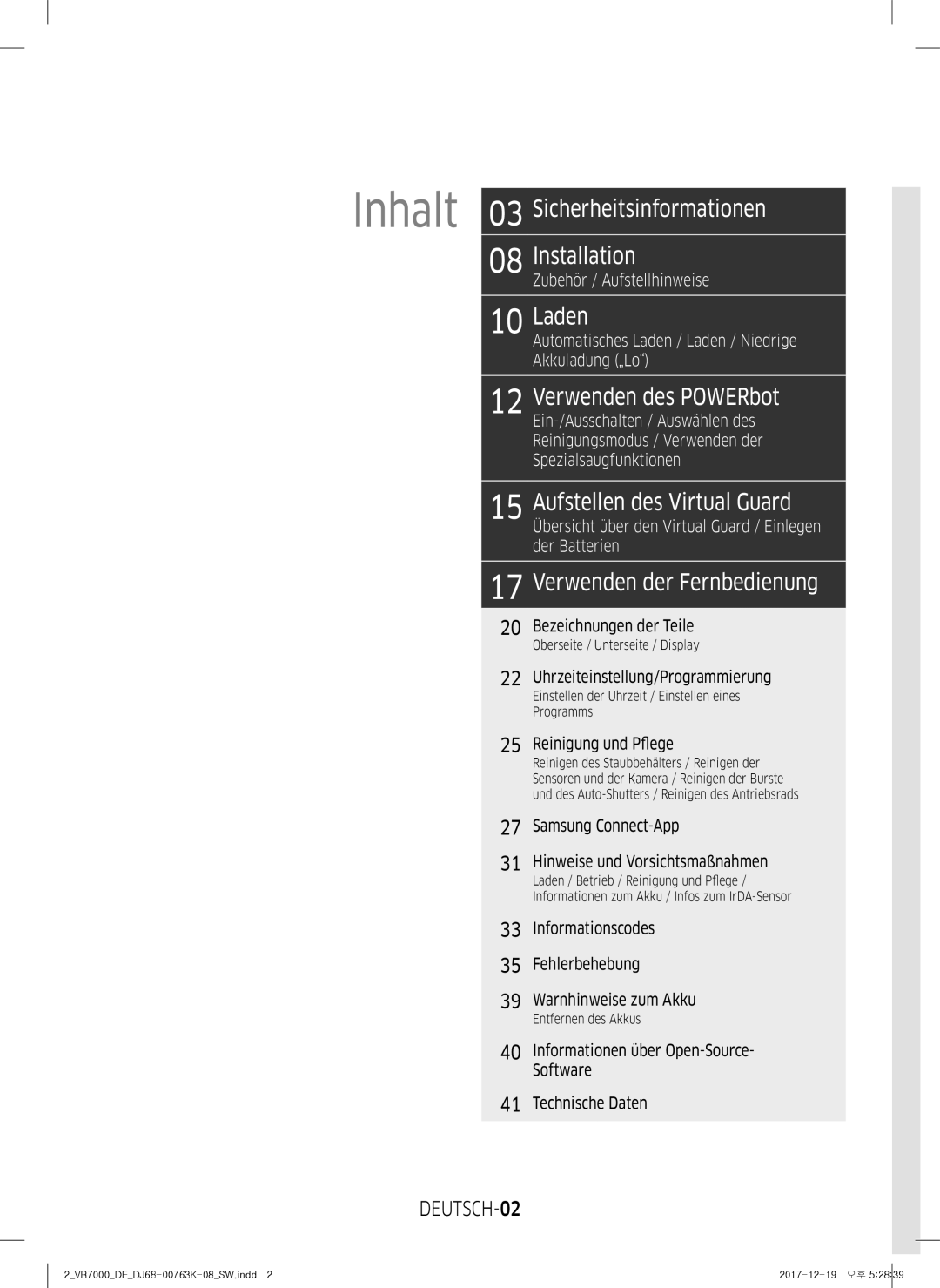 Samsung VR20M707WWS/AG, VR10M7039WG/SW, VR10M701WUW/AG, VR10M7019UW/SW, VR10M703WWW/AG manual DEUTSCH-02 