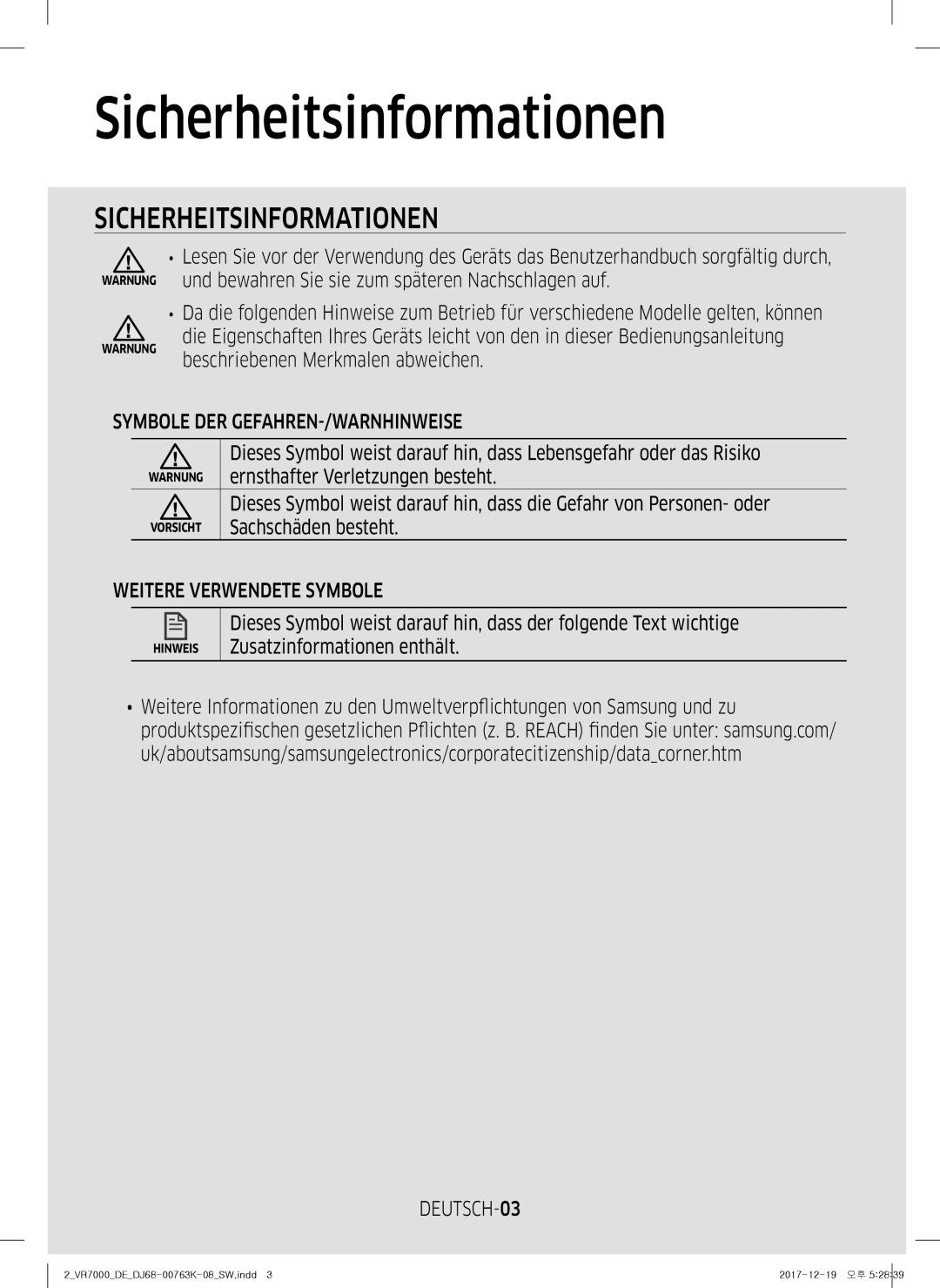 Samsung VR10M7039WG/SW manual Sicherheitsinformationen, Symbole DER GEFAHREN-/WARNHINWEISE, Weitere Verwendete Symbole 