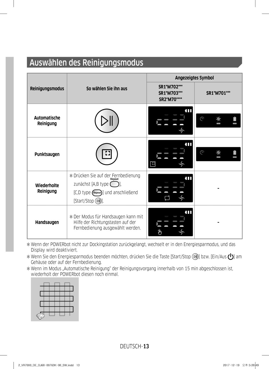 Samsung VR10M7039WG/SW, VR10M701WUW/AG, VR10M7019UW/SW, VR10M703WWW/AG manual Auswählen des Reinigungsmodus, DEUTSCH-13 