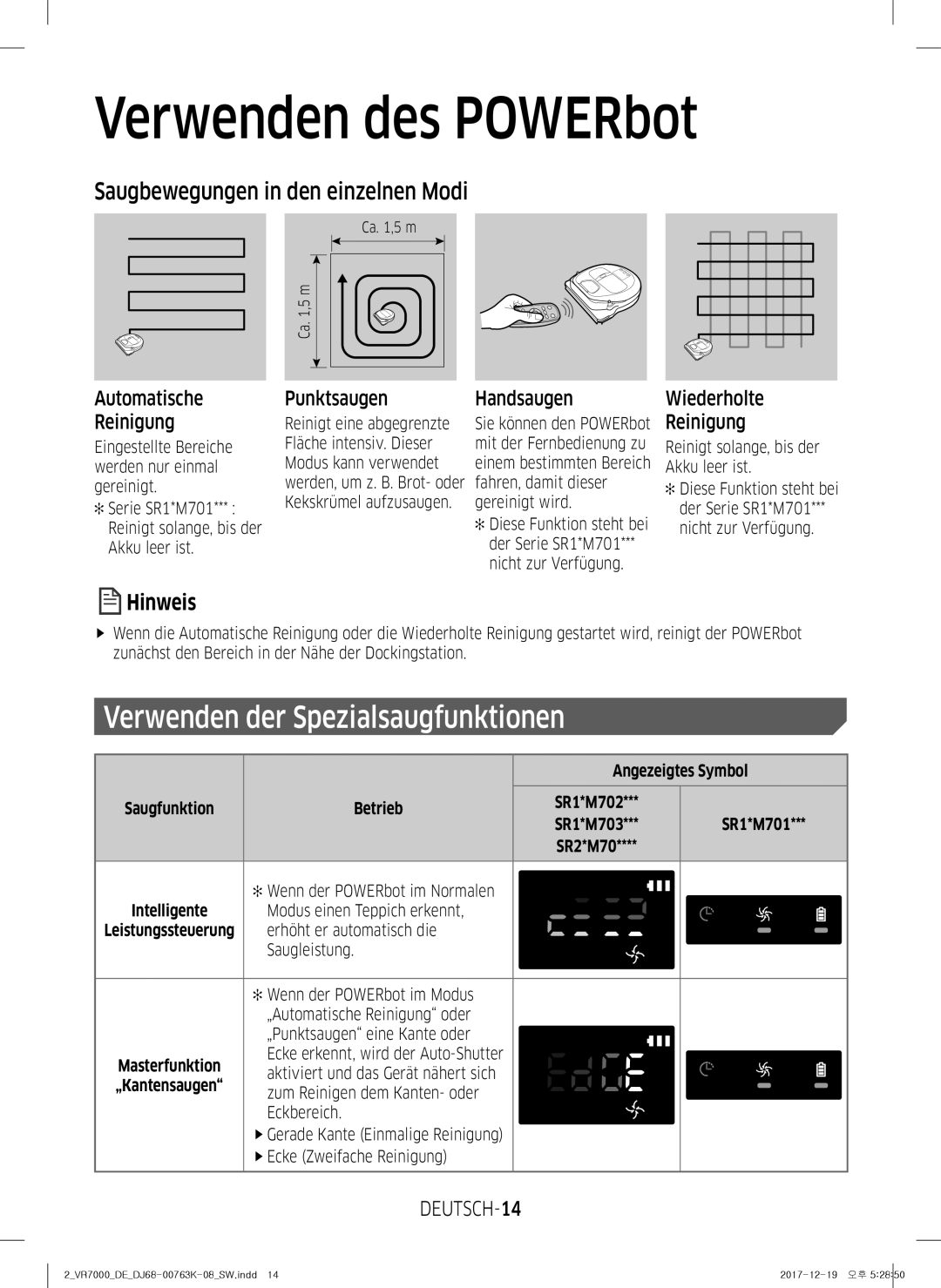 Samsung VR10M701WUW/AG manual Verwenden der Spezialsaugfunktionen, Saugbewegungen in den einzelnen Modi, DEUTSCH-14 